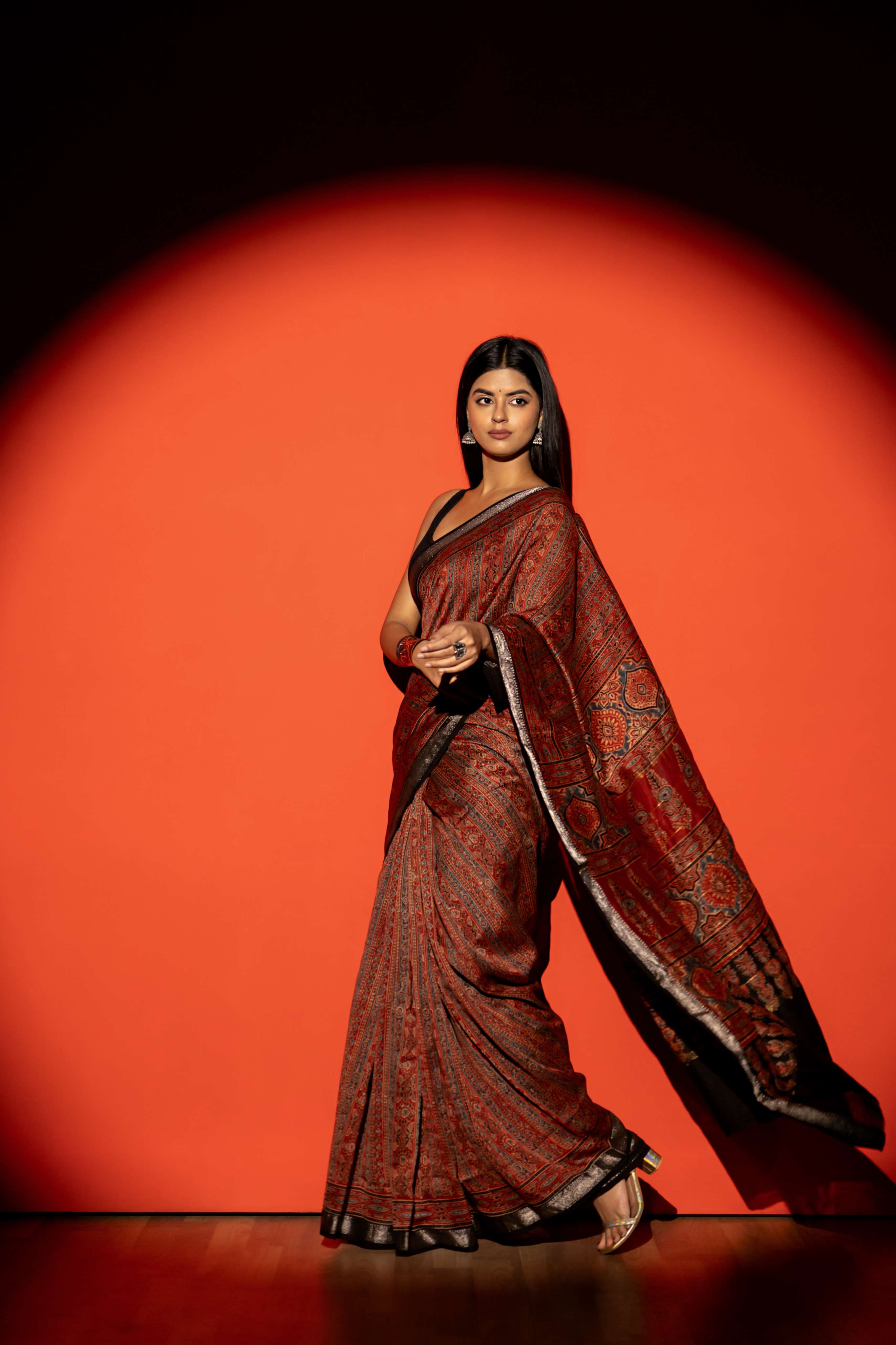 Rust Red Ajrakh Print Maheshwari Silk Cotton Saree