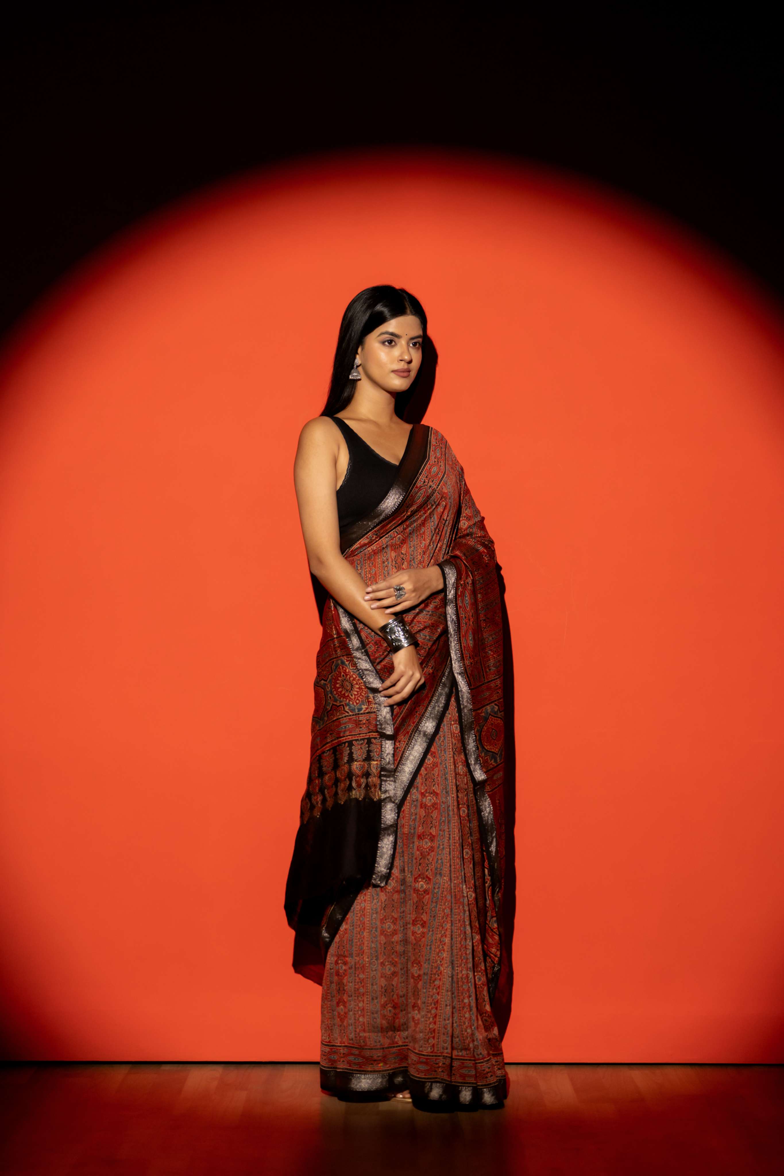 Rust Red Ajrakh Print Maheshwari Silk Cotton Saree