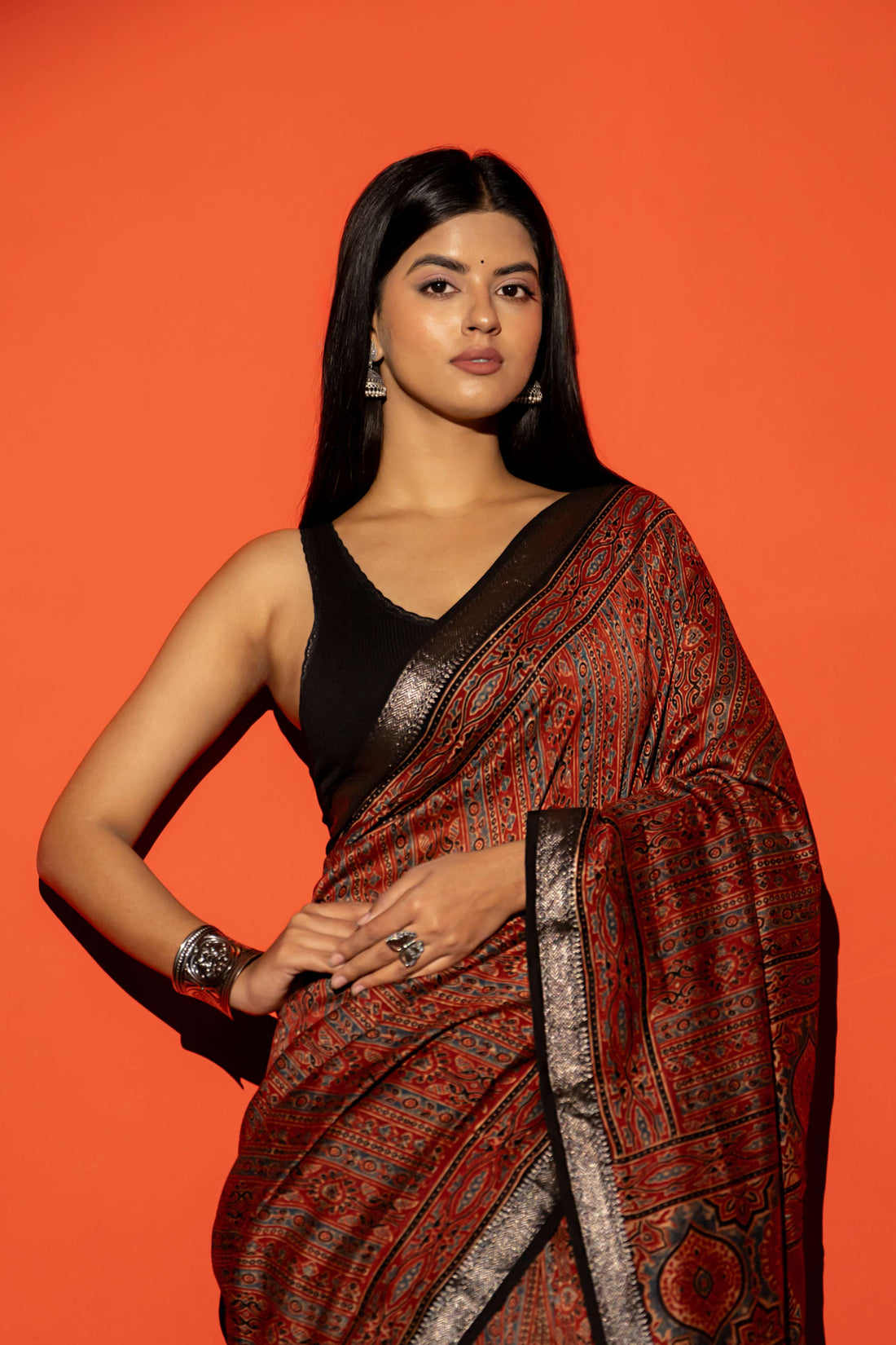 Rust Red Ajrakh Print Maheshwari Silk Cotton Saree