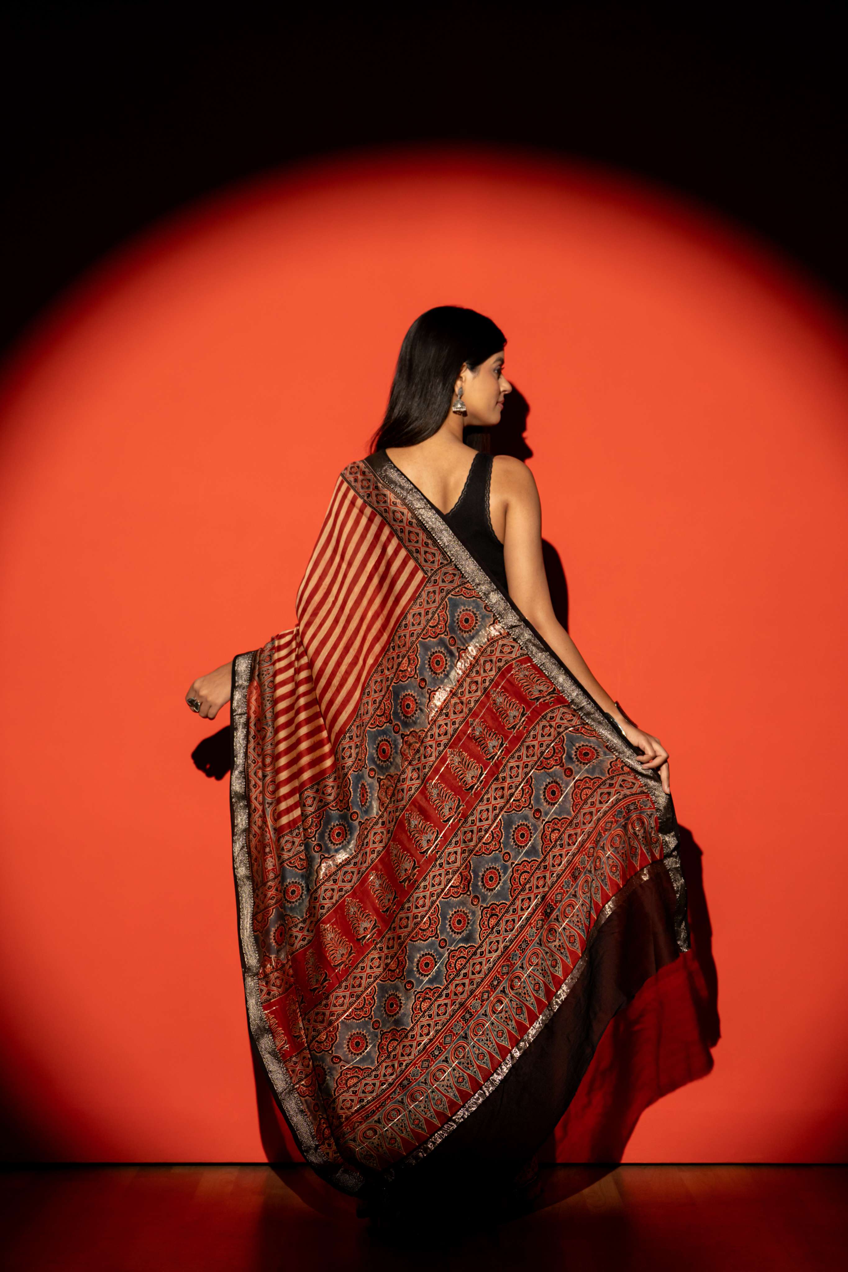 Rust Red and Beige Stripe Ajrakh Print Maheshwari Silk Cotton Saree