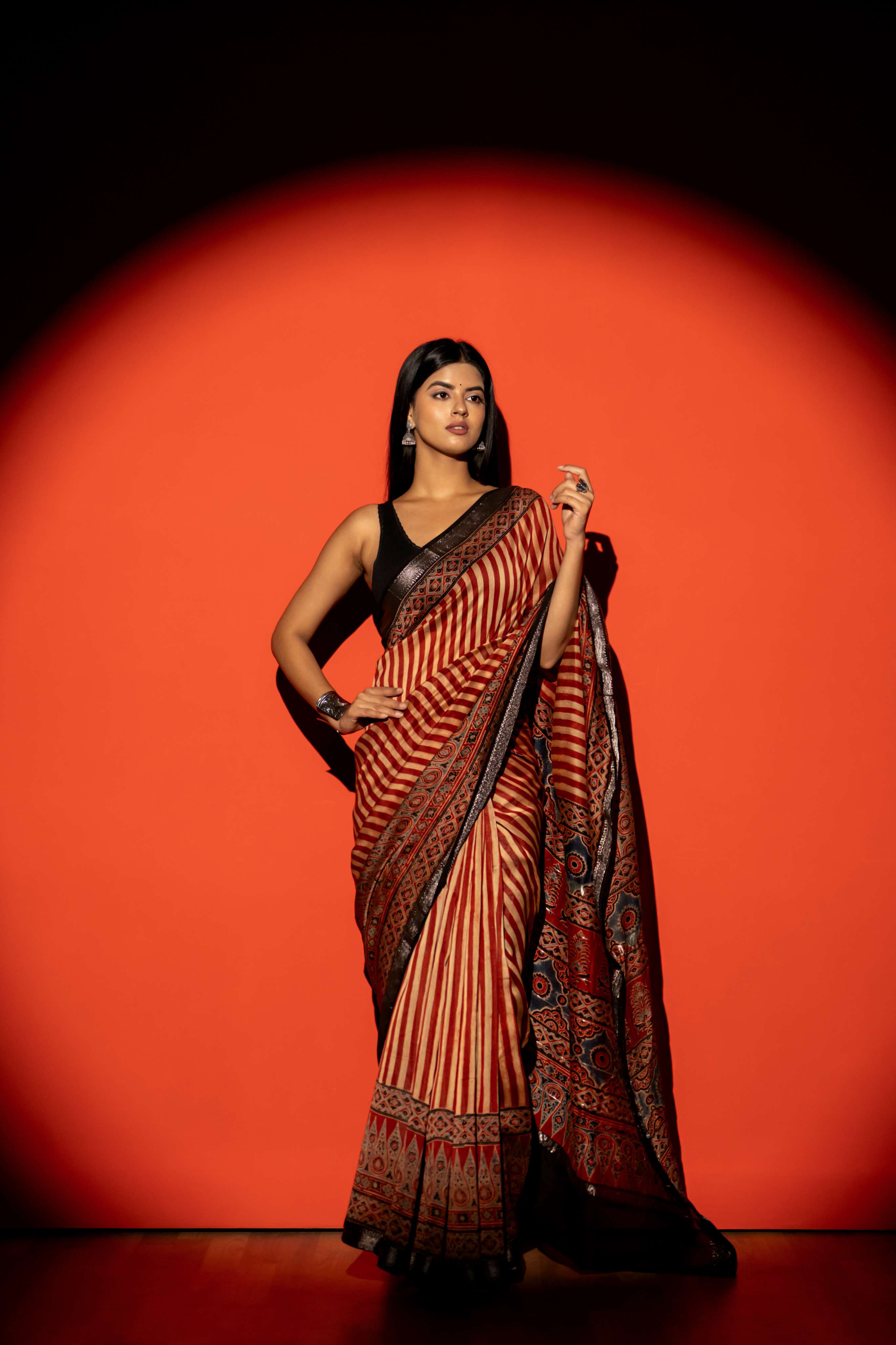 Rust Red and Beige Stripe Ajrakh Print Maheshwari Silk Cotton Saree