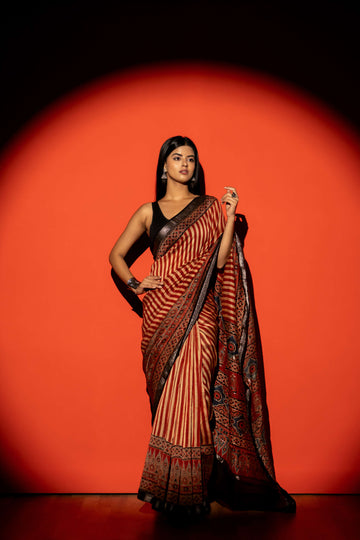 Rust Red and Beige Stripe Ajrakh Print Maheshwari Silk Cotton Saree