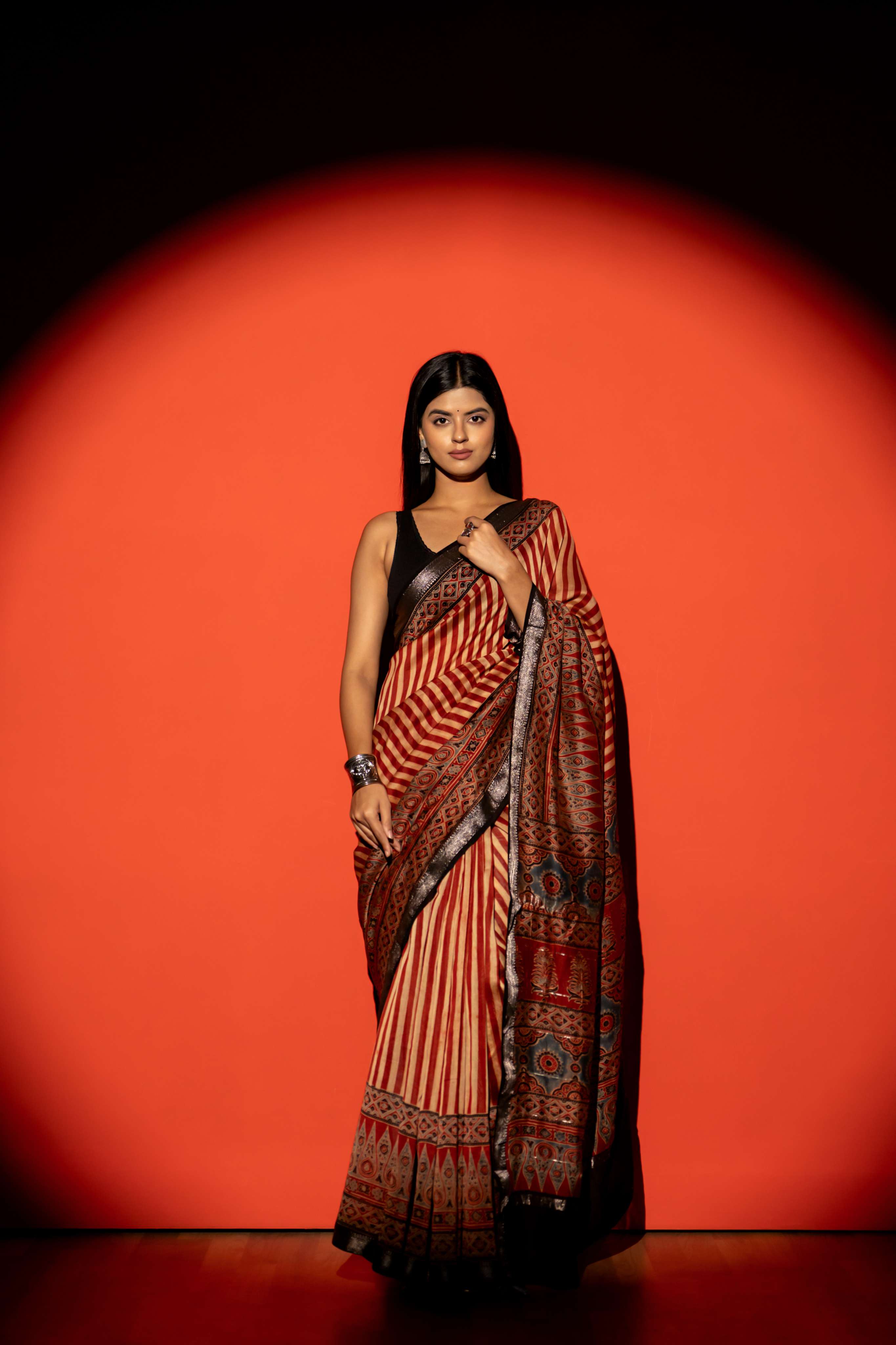 Rust Red and Beige Stripe Ajrakh Print Maheshwari Silk Cotton Saree