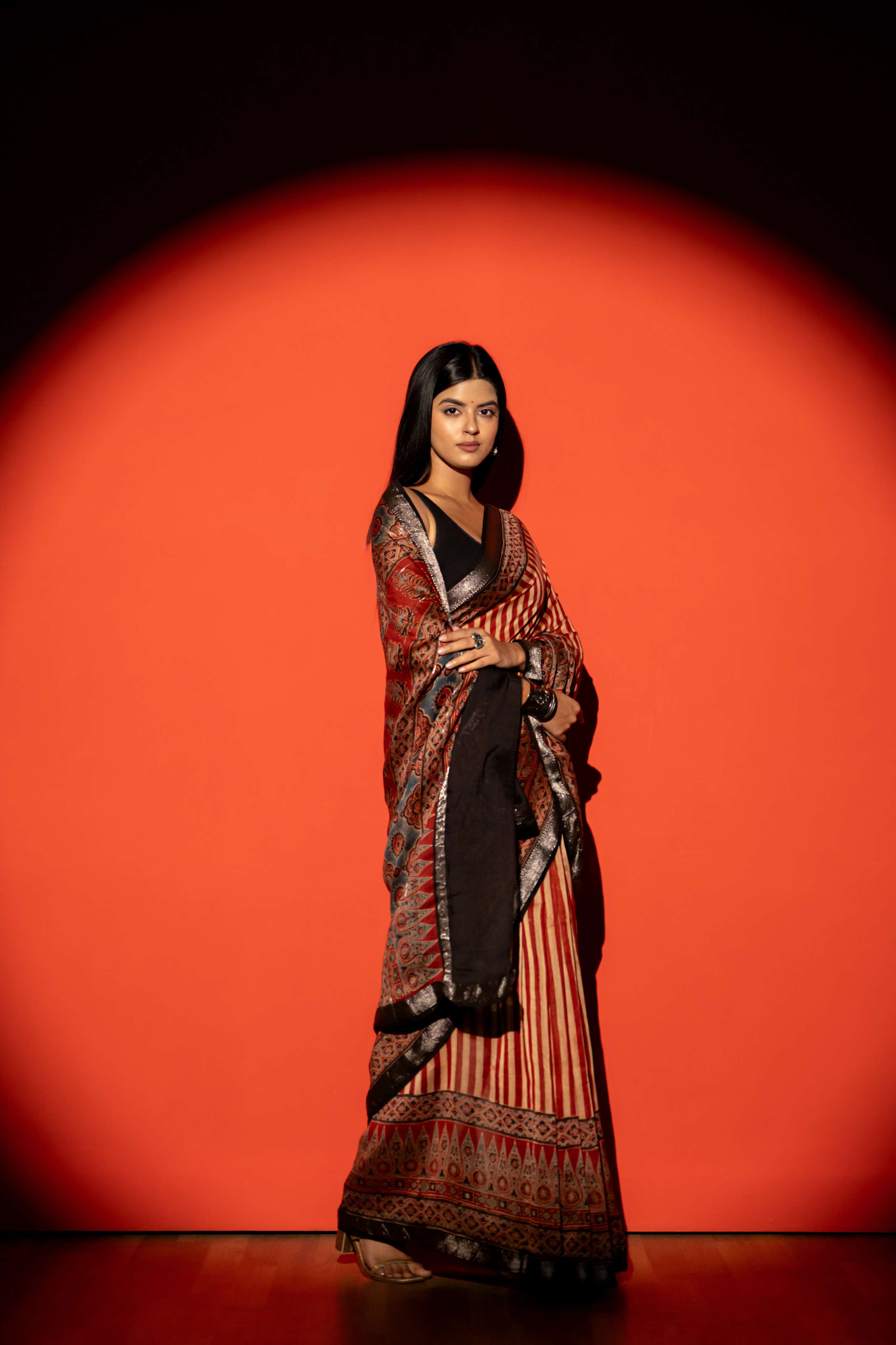 Rust Red and Beige Stripe Ajrakh Print Maheshwari Silk Cotton Saree