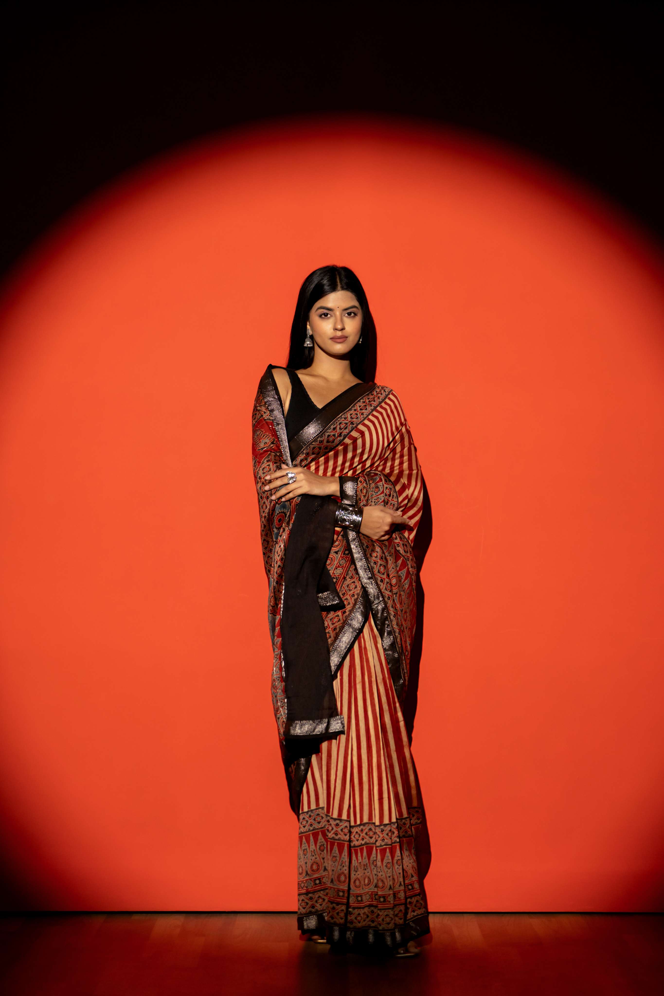 Rust Red and Beige Stripe Ajrakh Print Maheshwari Silk Cotton Saree