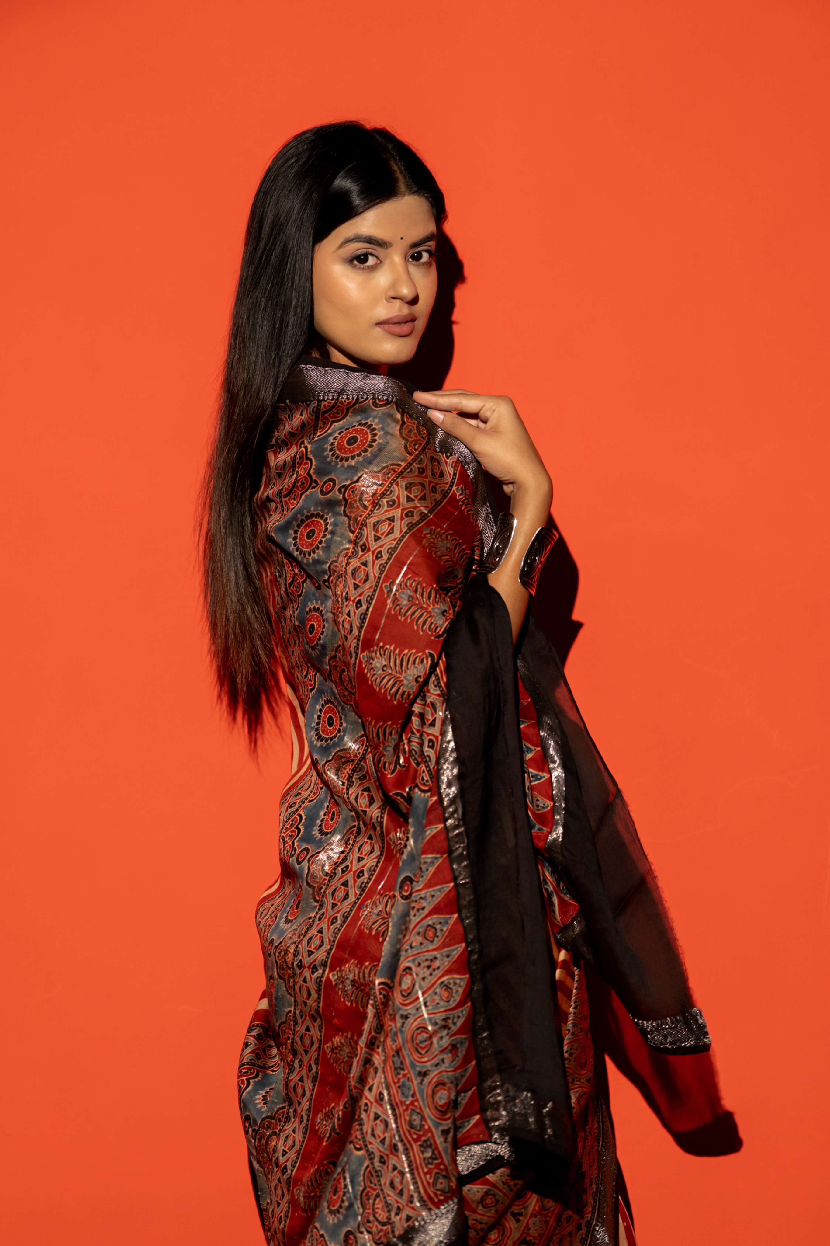 Rust Red and Beige Stripe Ajrakh Print Maheshwari Silk Cotton Saree