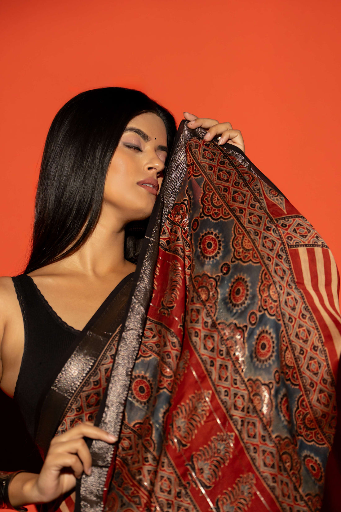 Rust Red and Beige Stripe Ajrakh Print Maheshwari Silk Cotton Saree