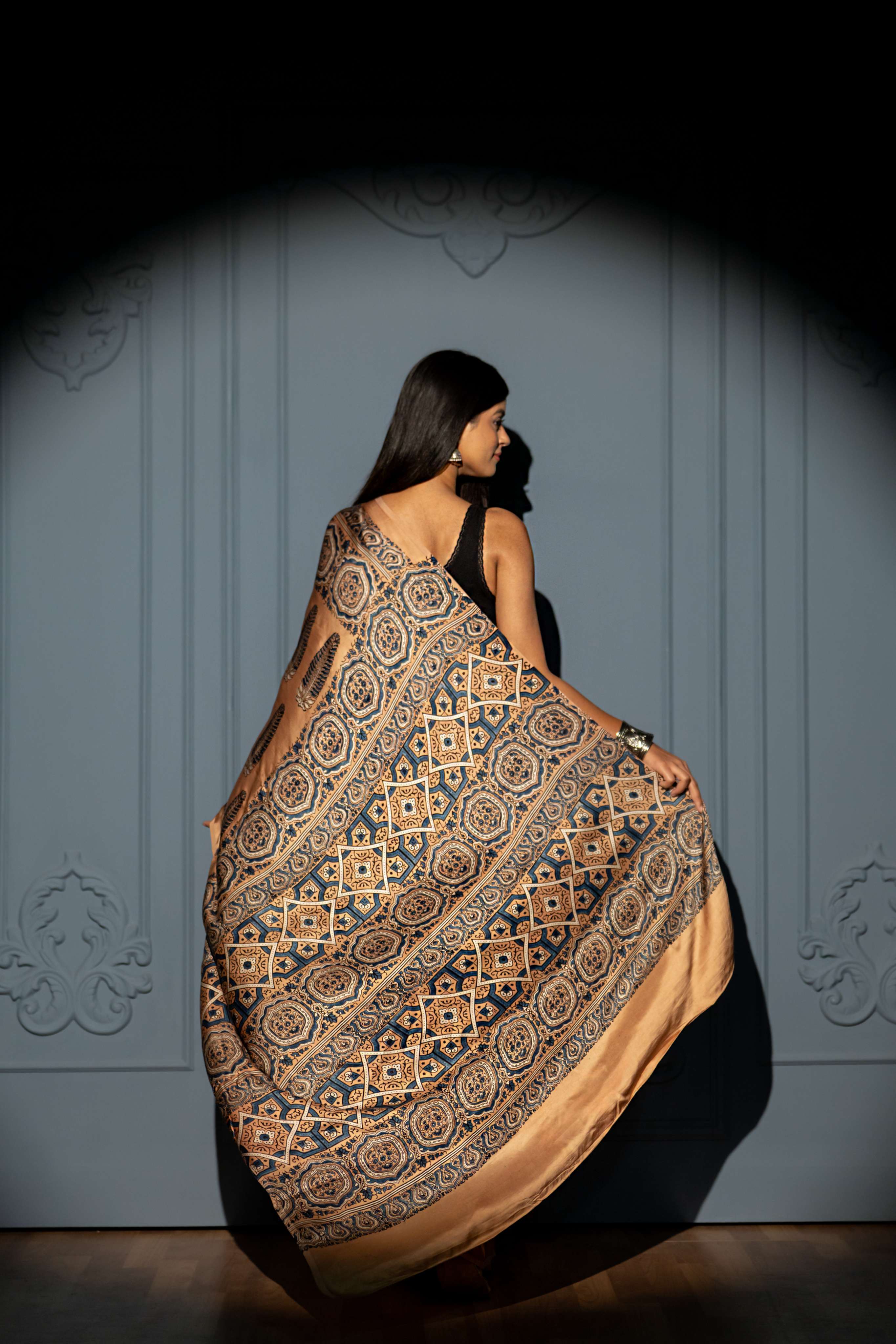 Biscuit Brown Ajrakh Print Modaal Silk Sraee