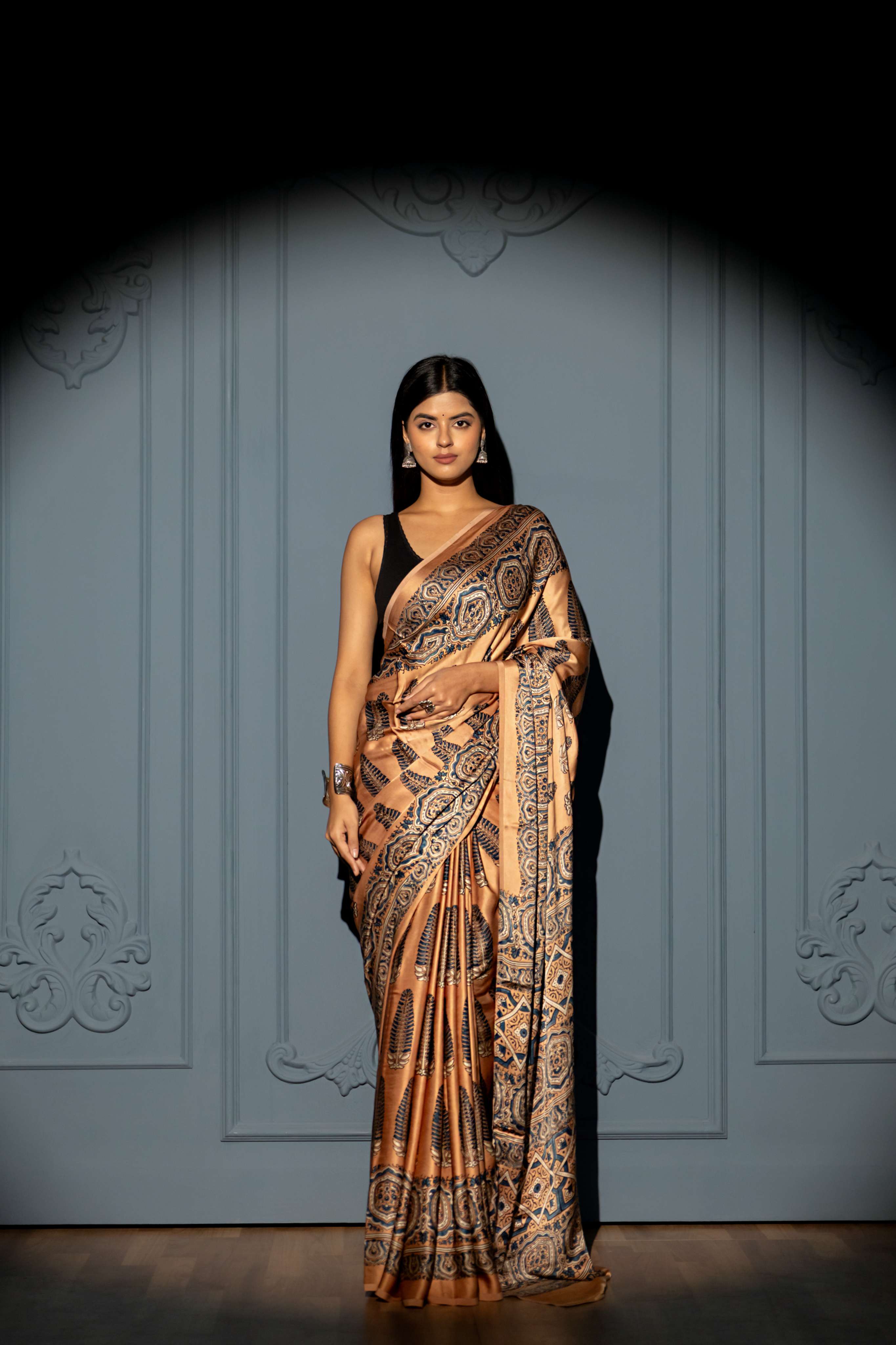 Biscuit Brown Ajrakh Print Modaal Silk Sraee