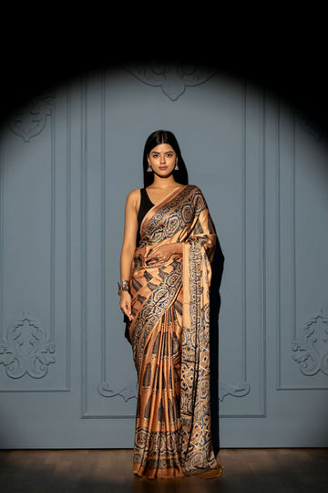 Biscuit Brown Ajrakh Print Modaal Silk Sraee