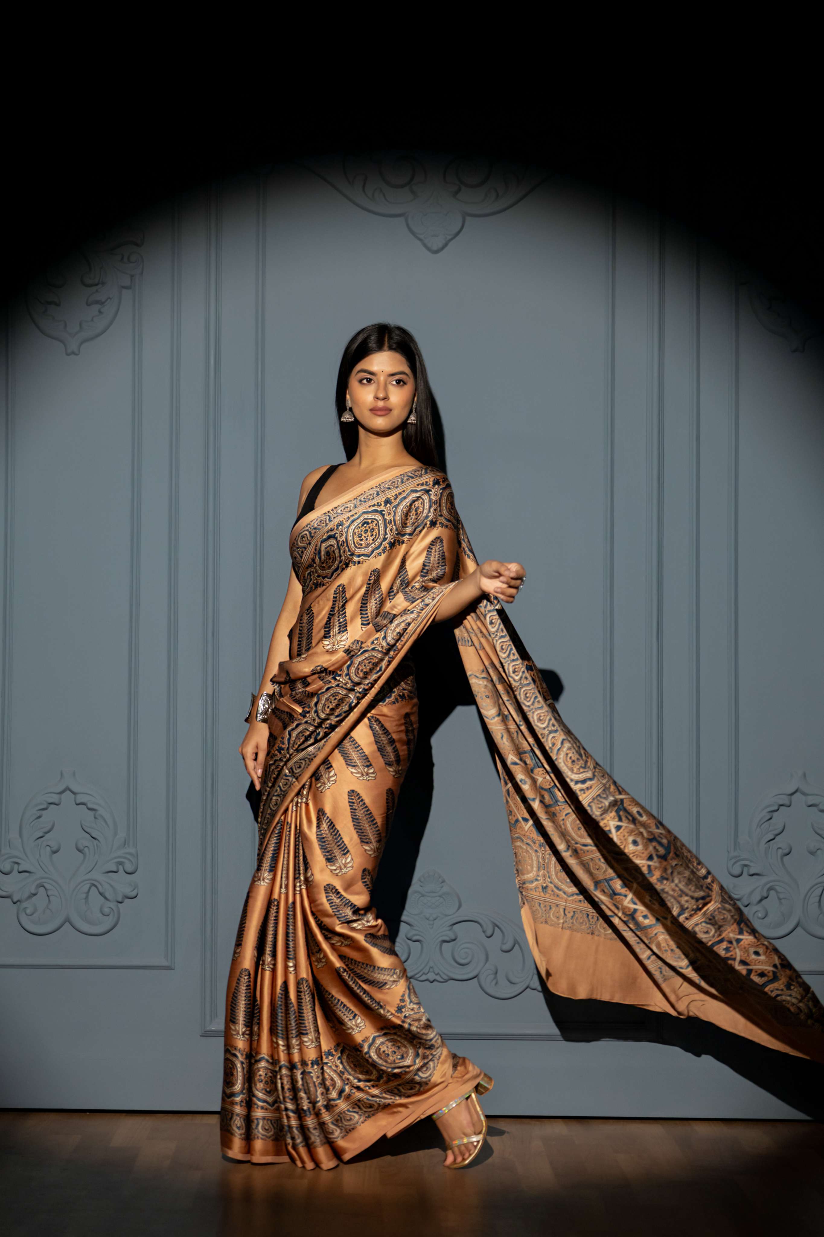 Biscuit Brown Ajrakh Print Modaal Silk Sraee