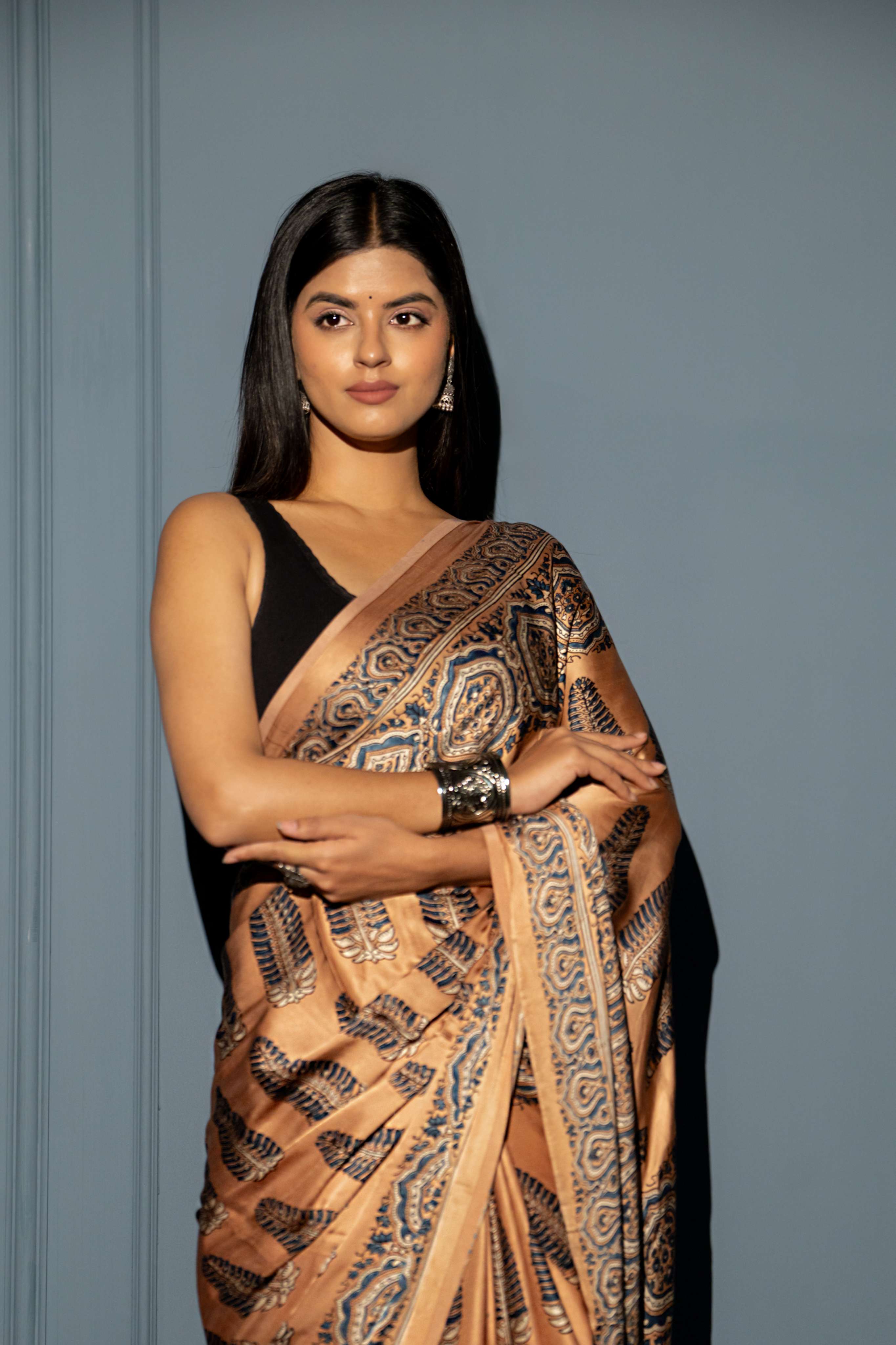 Biscuit Brown Ajrakh Print Modaal Silk Sraee
