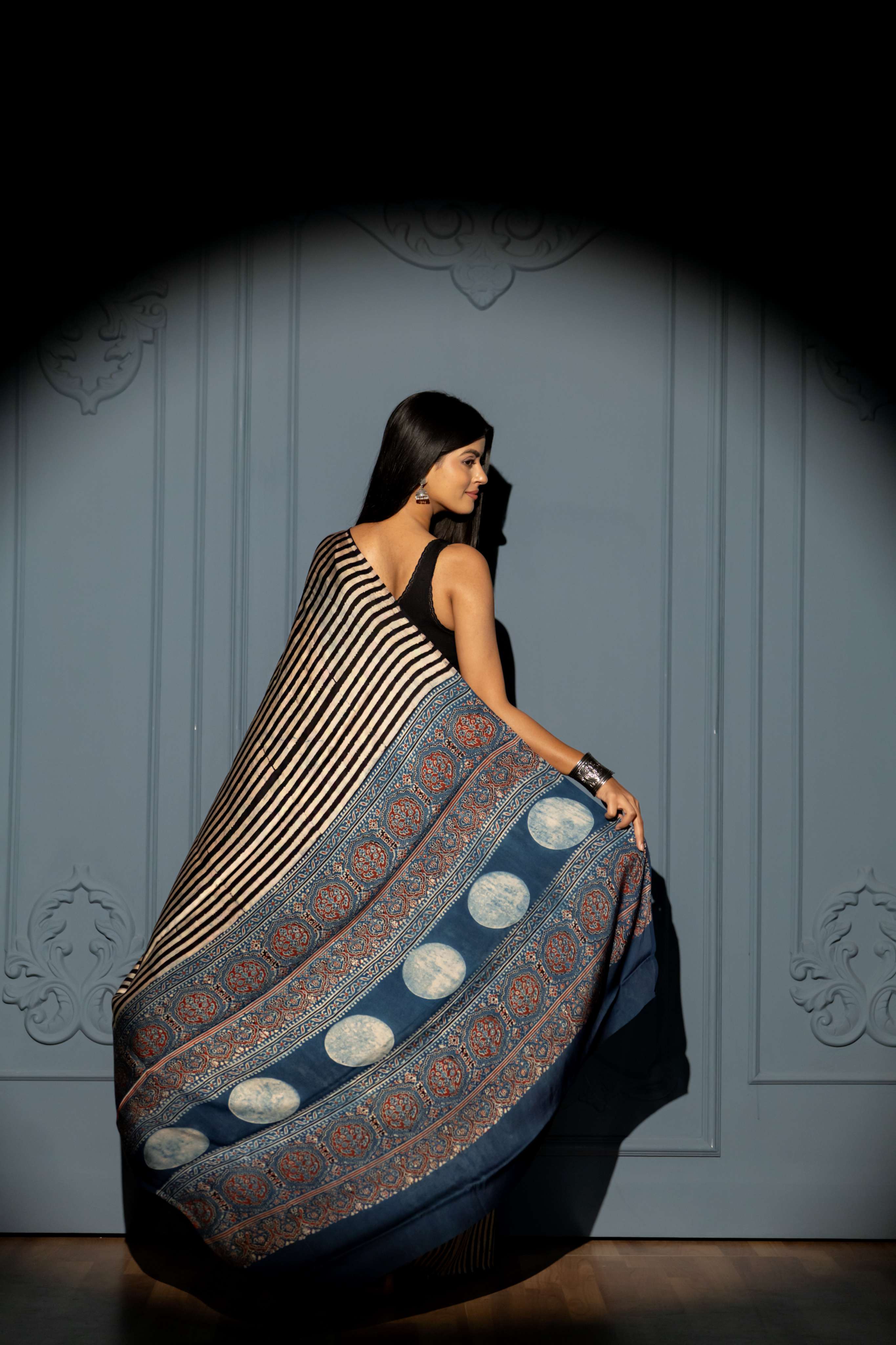 Cream and Black Stripe Modaal Silk Saree with Cobalt Blue Ajrakh Print Pallu