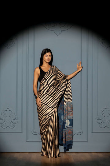 Cream and Black Stripe Modaal Silk Saree with Cobalt Blue Ajrakh Print Pallu