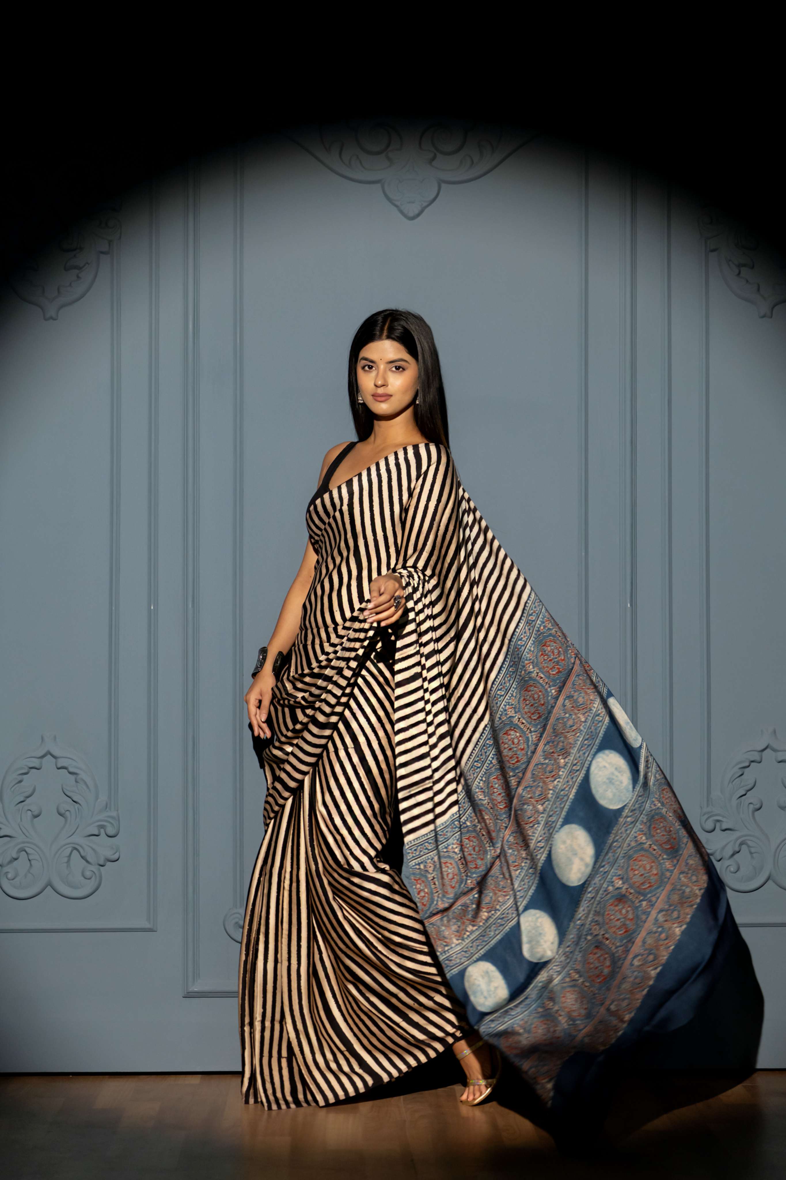 Cream and Black Stripe Modaal Silk Saree with Cobalt Blue Ajrakh Print Pallu