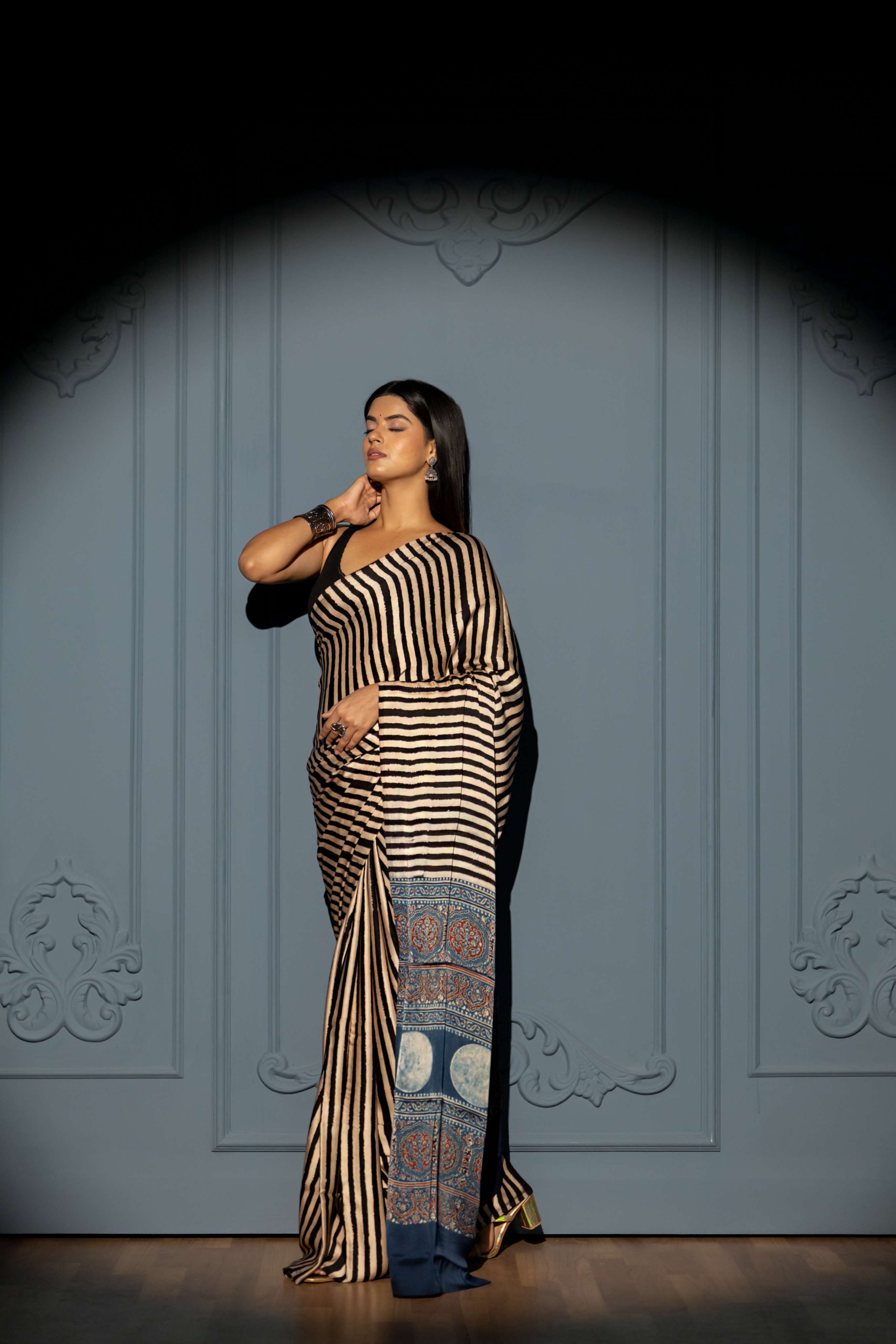 Cream and Black Stripe Modaal Silk Saree with Cobalt Blue Ajrakh Print Pallu