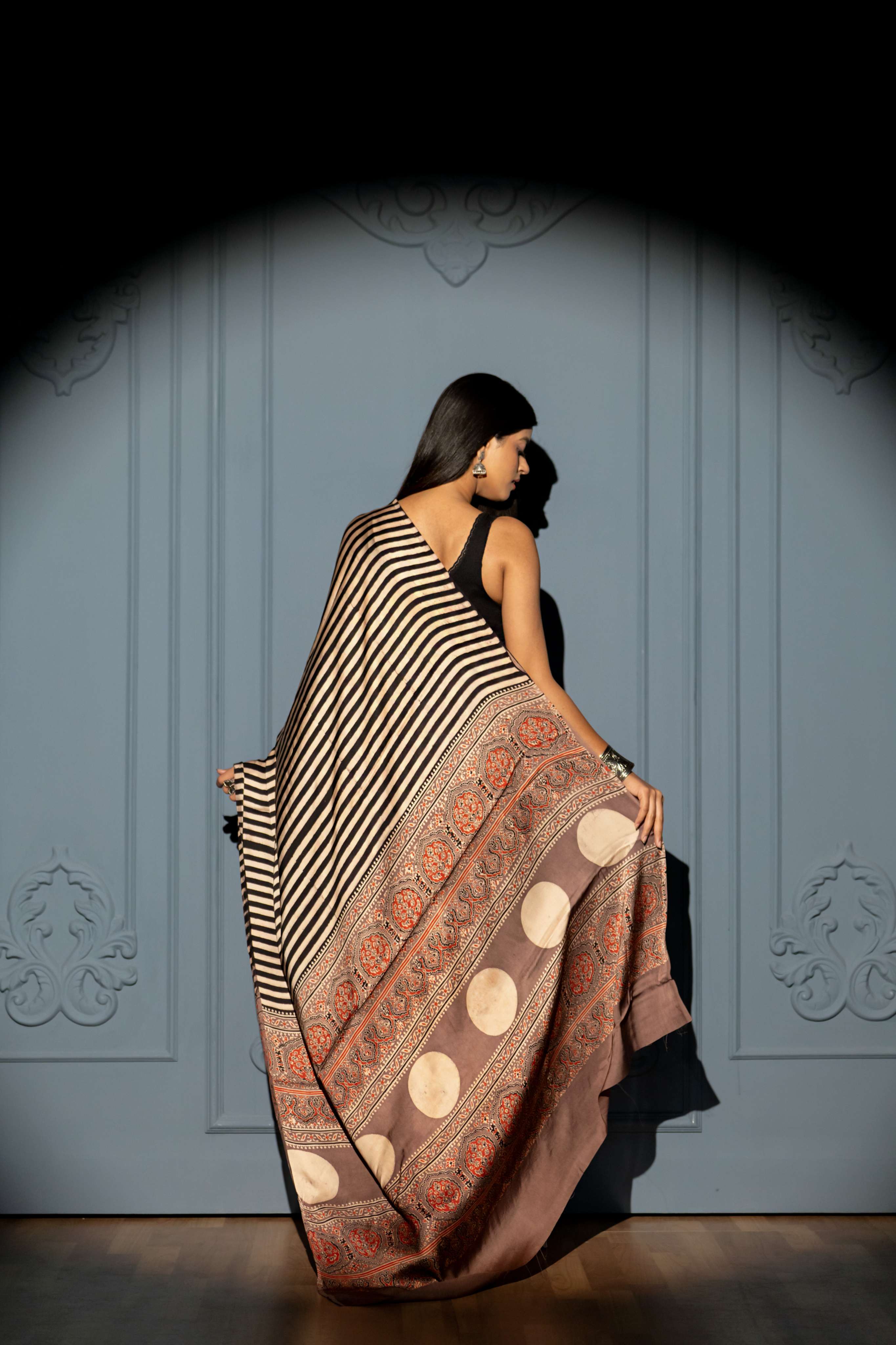 Cream and Black Stripe Modaal Silk Saree with  Biscuit Brown Ajrakh Print Pallu