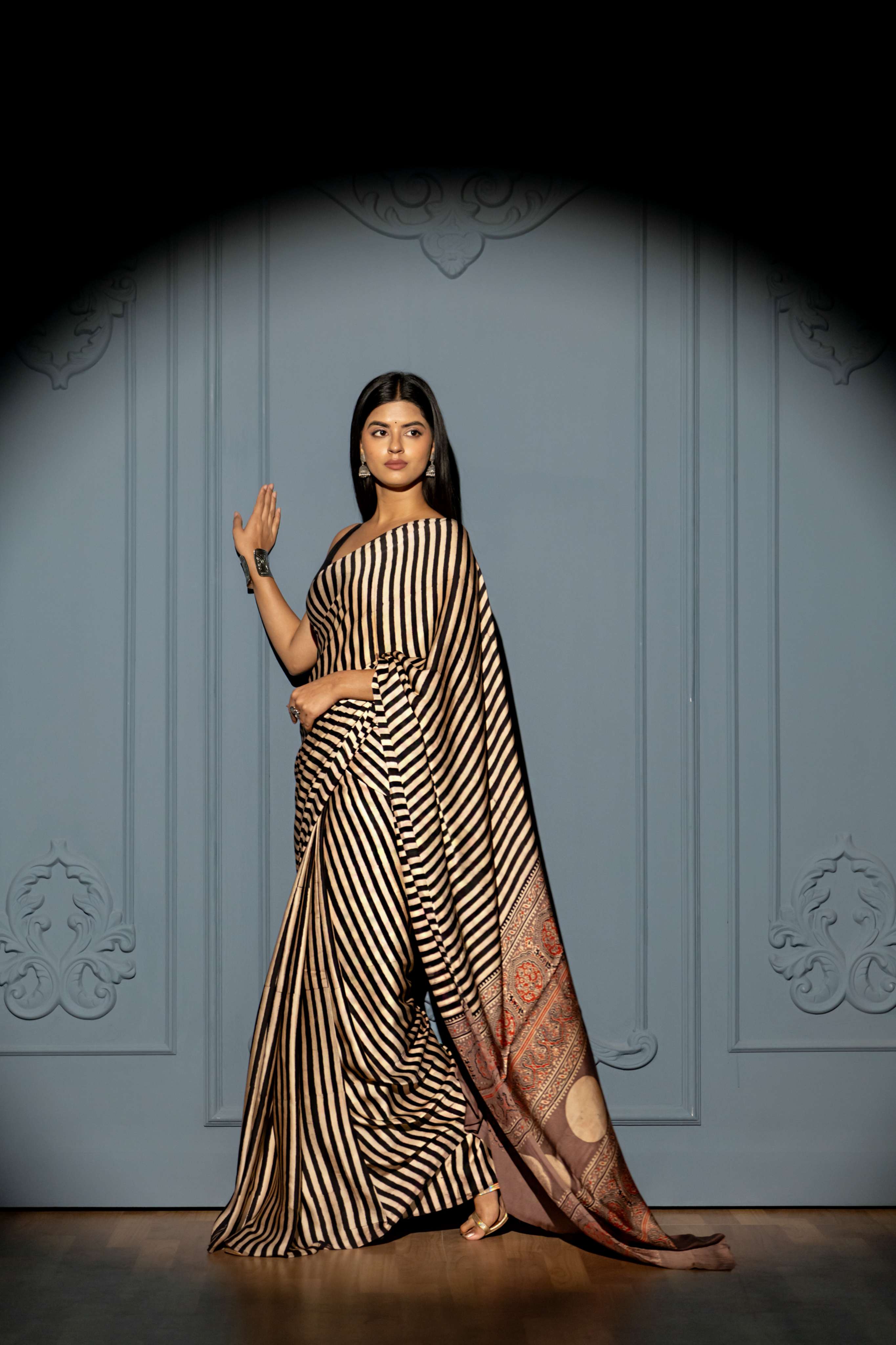 Cream and Black Stripe Modaal Silk Saree with  Biscuit Brown Ajrakh Print Pallu