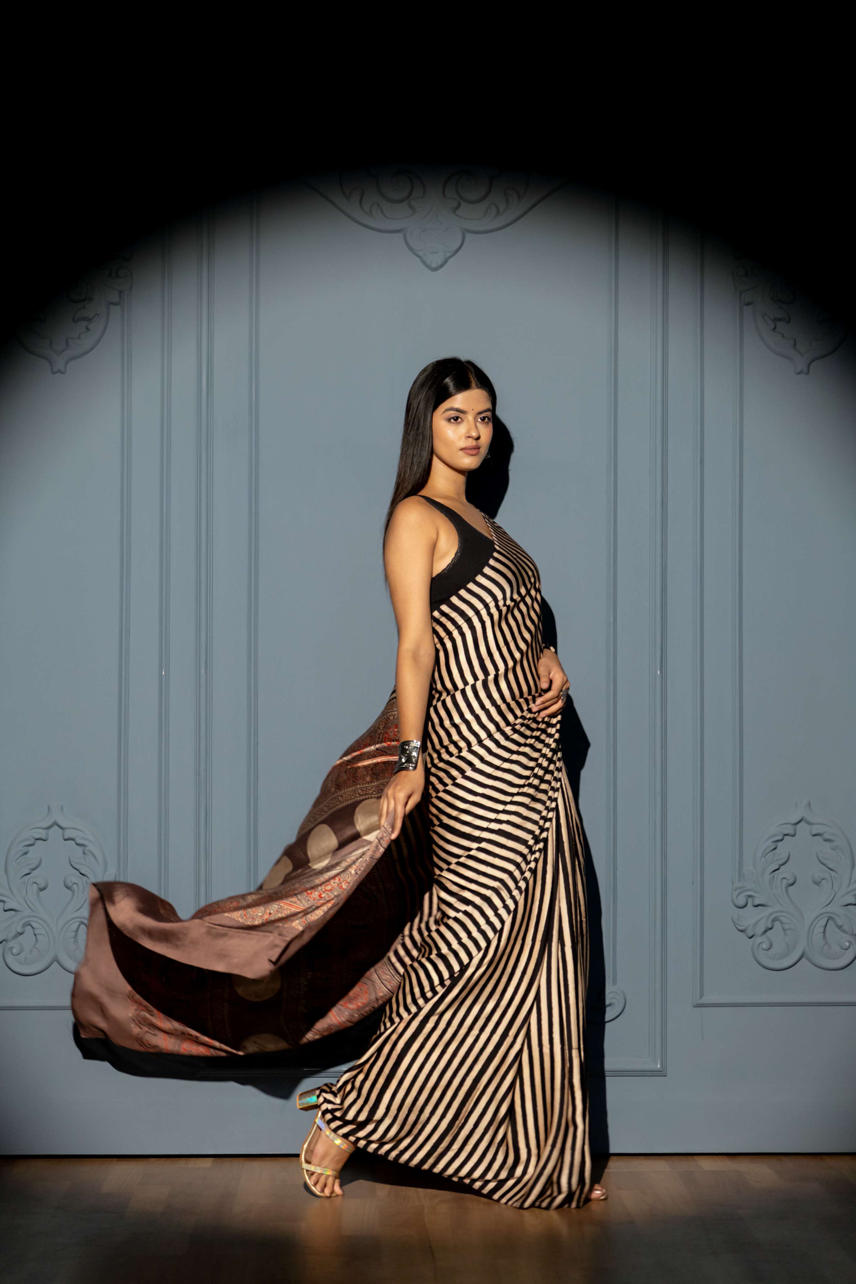 Cream and Black Stripe Modaal Silk Saree with  Biscuit Brown Ajrakh Print Pallu