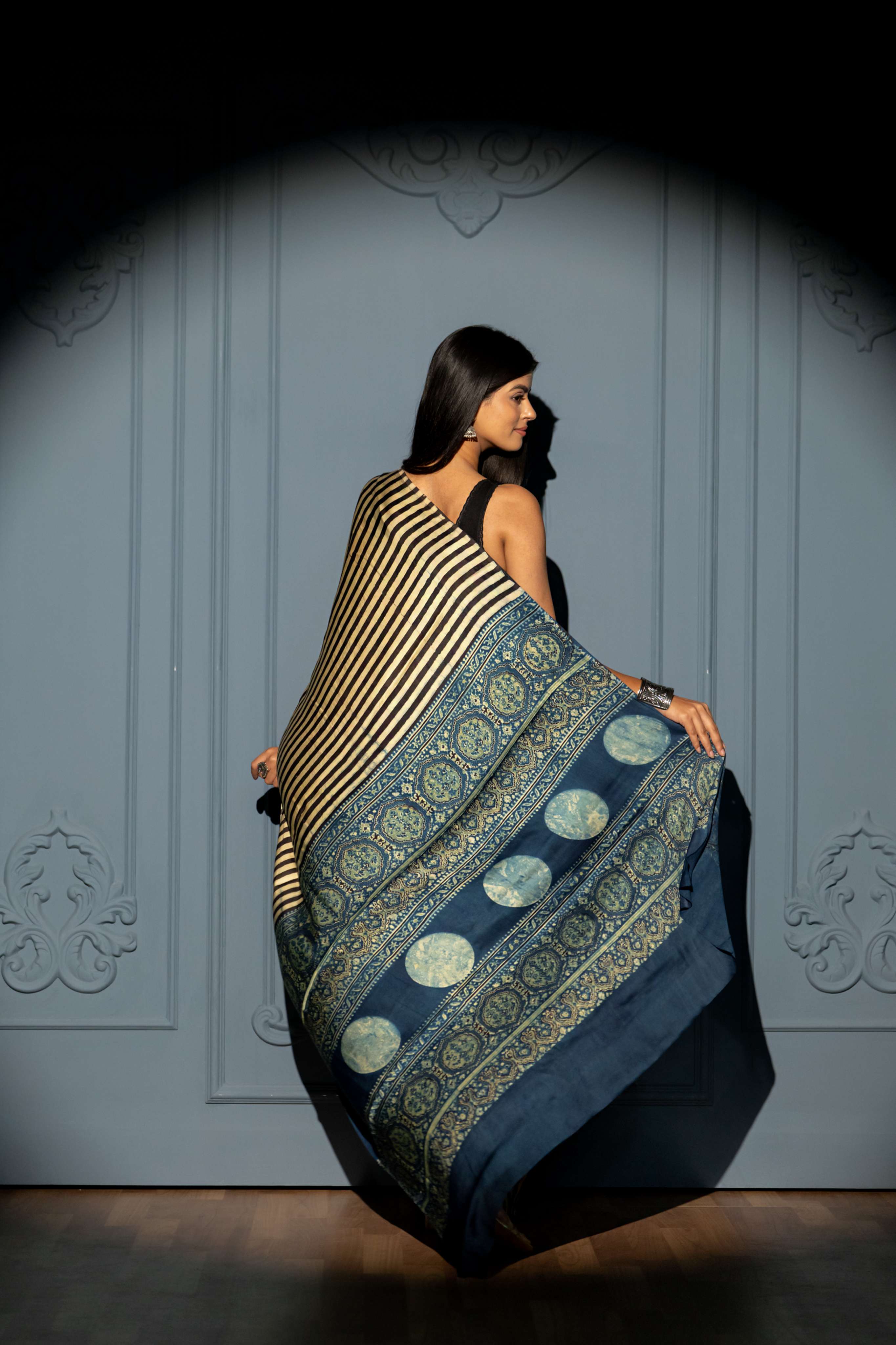 Beige and Black Stripe Modaal Silk Saree with Indigo Ajrakh Print Pallu