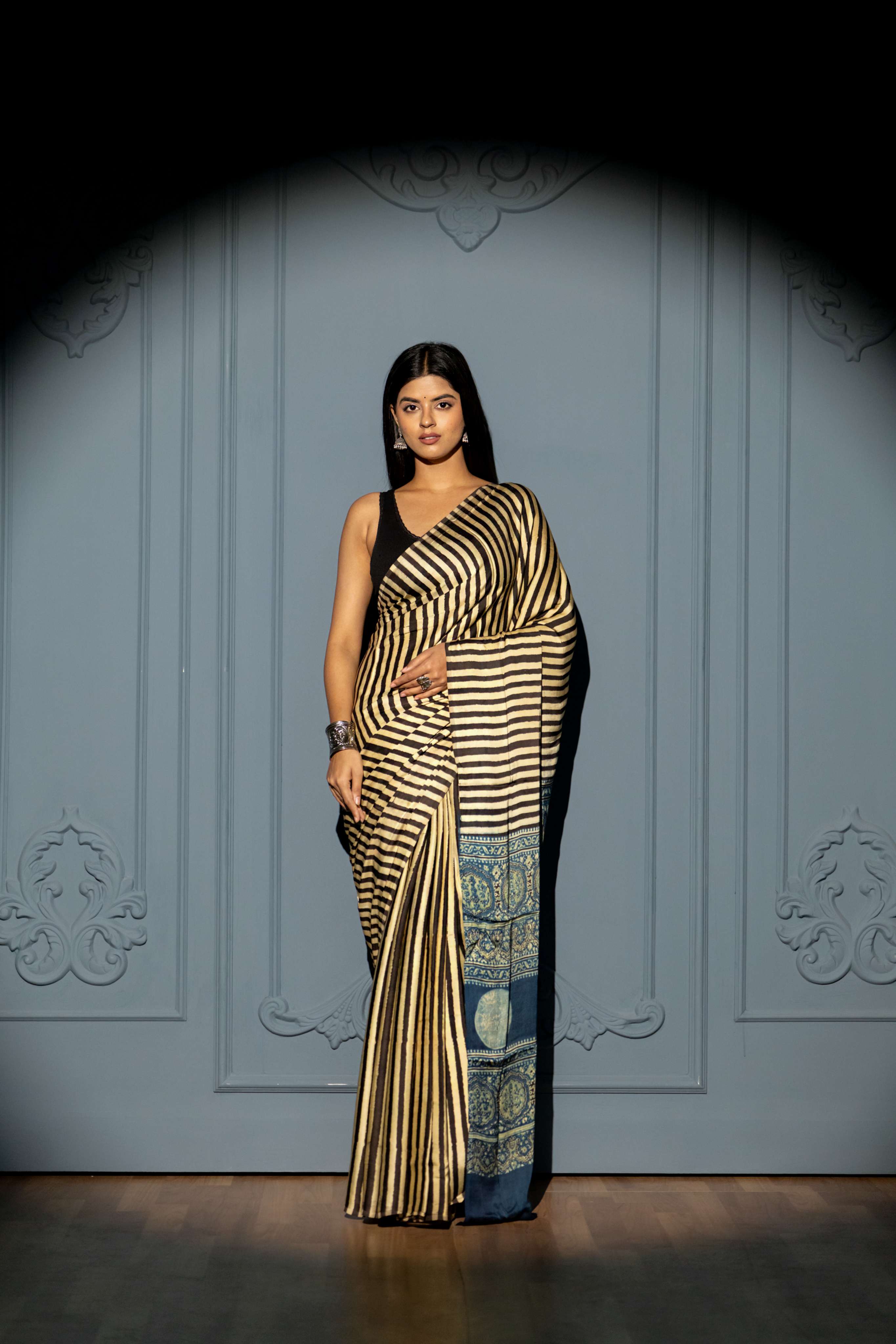 Beige and Black Stripe Modaal Silk Saree with Indigo Ajrakh Print Pallu