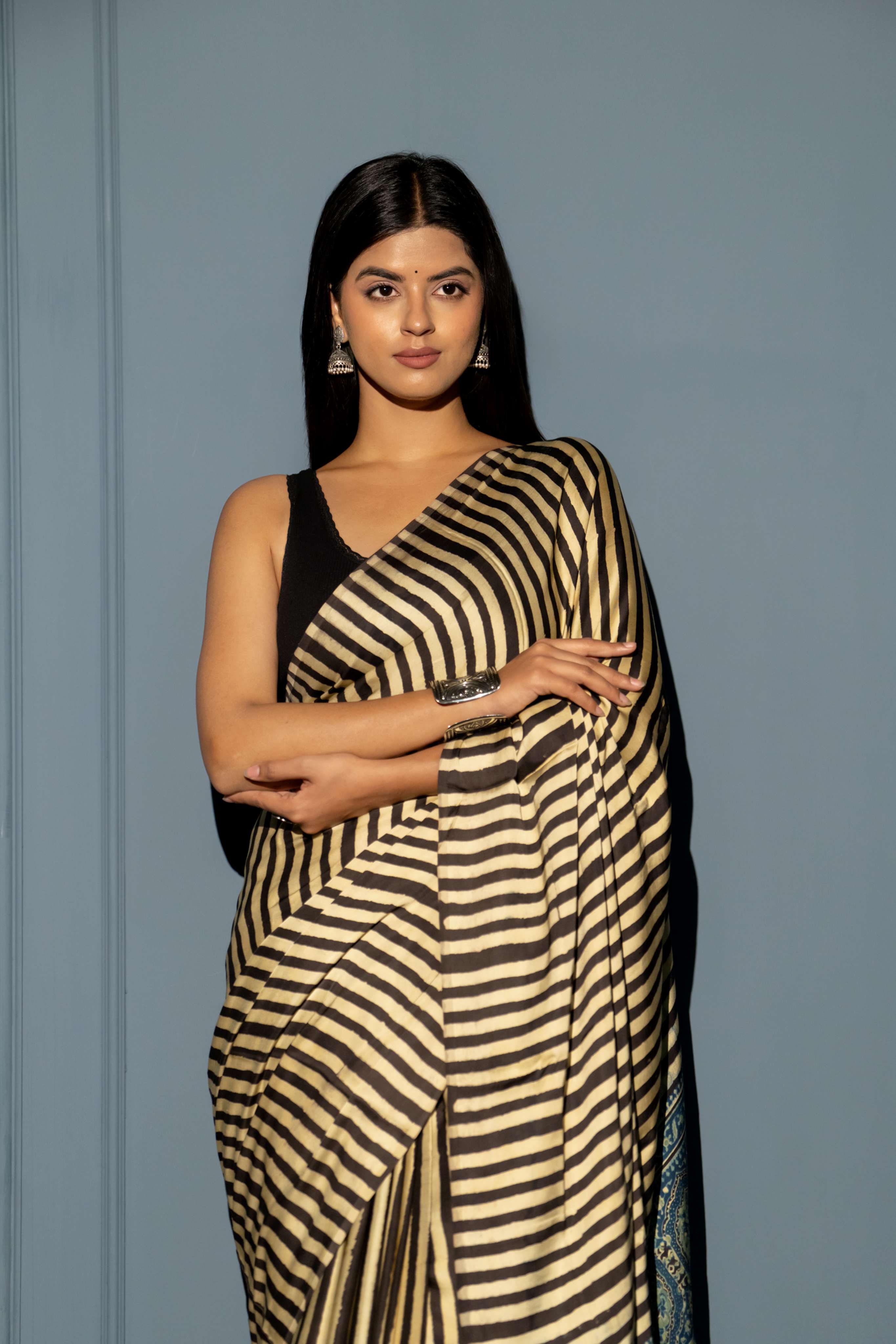 Beige and Black Stripe Modaal Silk Saree with Indigo Ajrakh Print Pallu