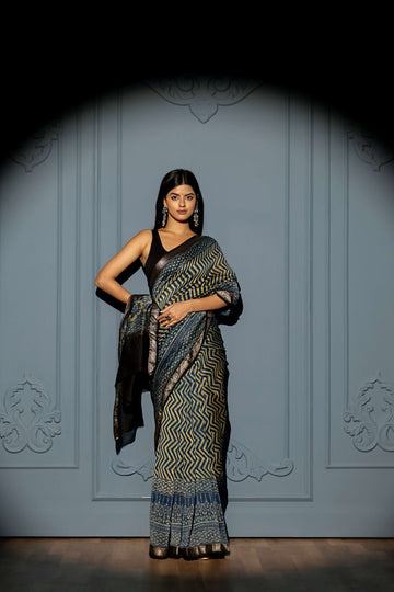 Blue and Olive Green Chevron Pattern Ajrakh Maheshwari SilkCotton Saree