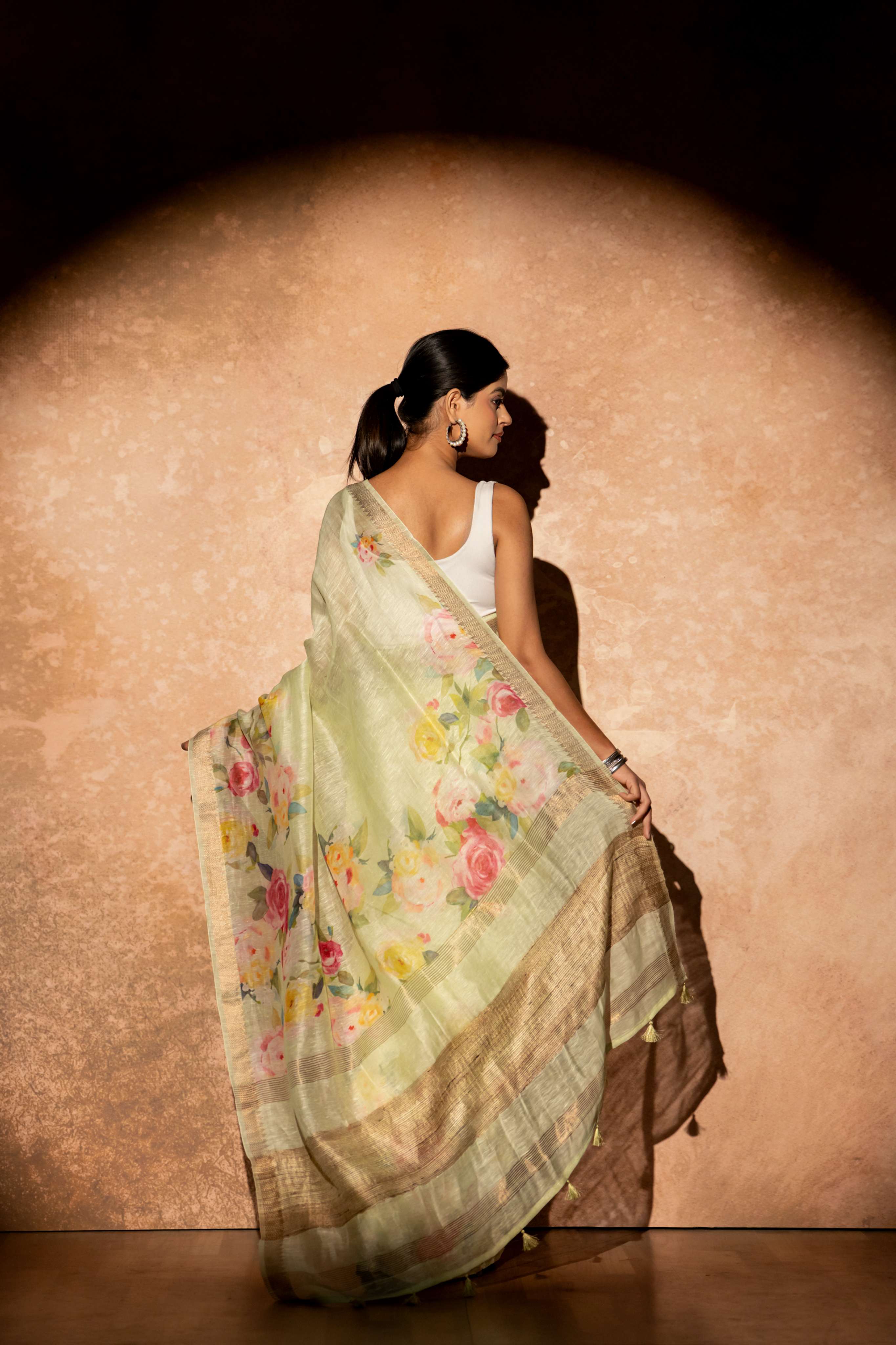 Light Pista Green Floral Digital Print Pure Linen Silk  Saree witht Tussar Border and Pallu