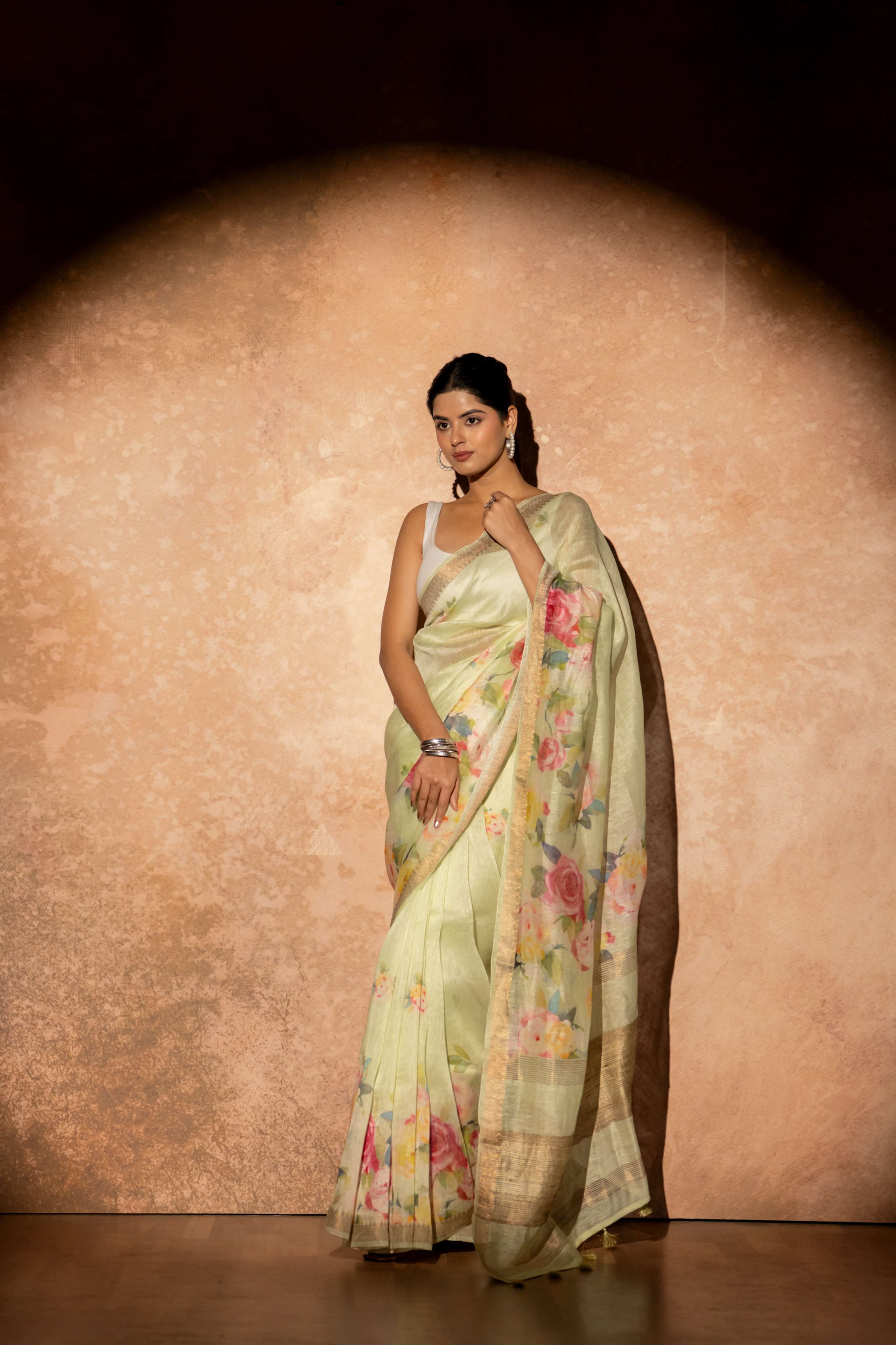 Light Pista Green Floral Digital Print Pure Linen Silk  Saree witht Tussar Border and Pallu