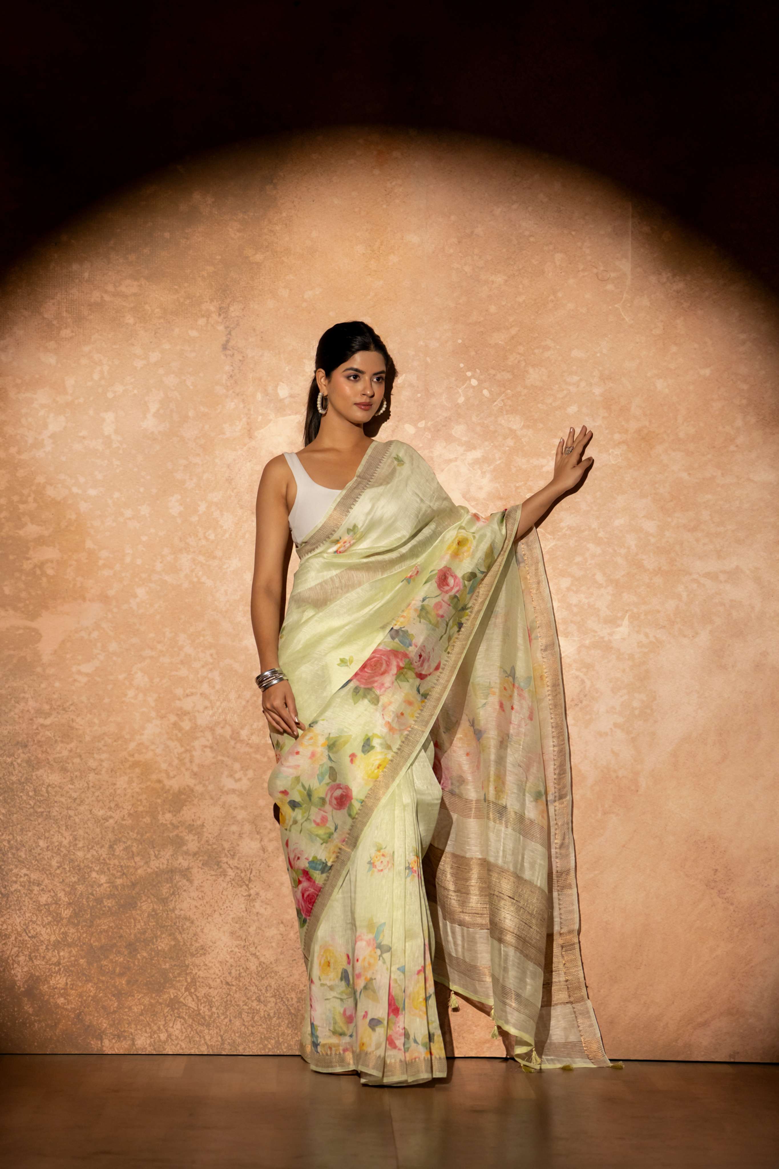 Light Pista Green Floral Digital Print Pure Linen Silk  Saree witht Tussar Border and Pallu