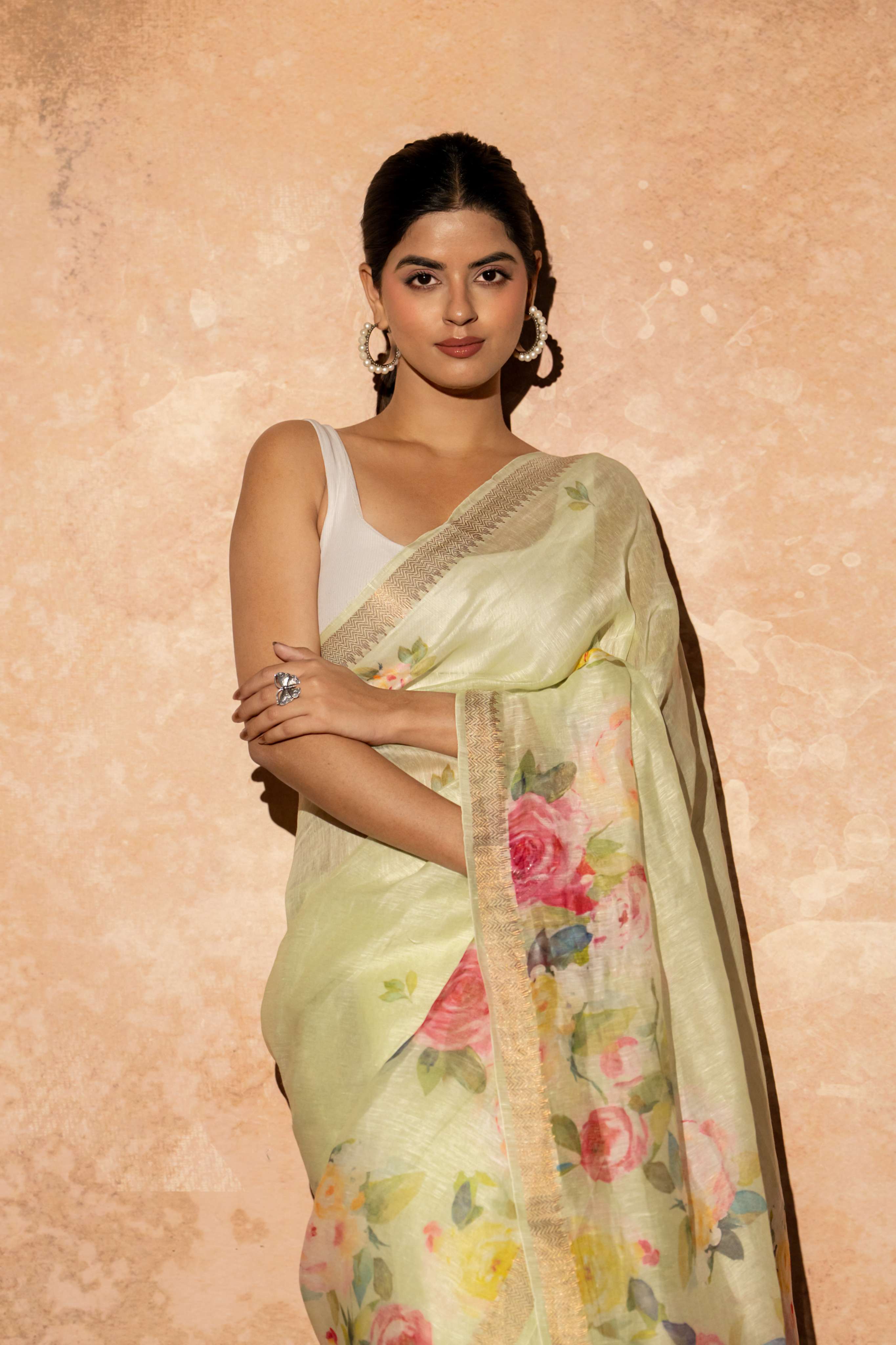 Light Pista Green Floral Digital Print Pure Linen Silk  Saree witht Tussar Border and Pallu