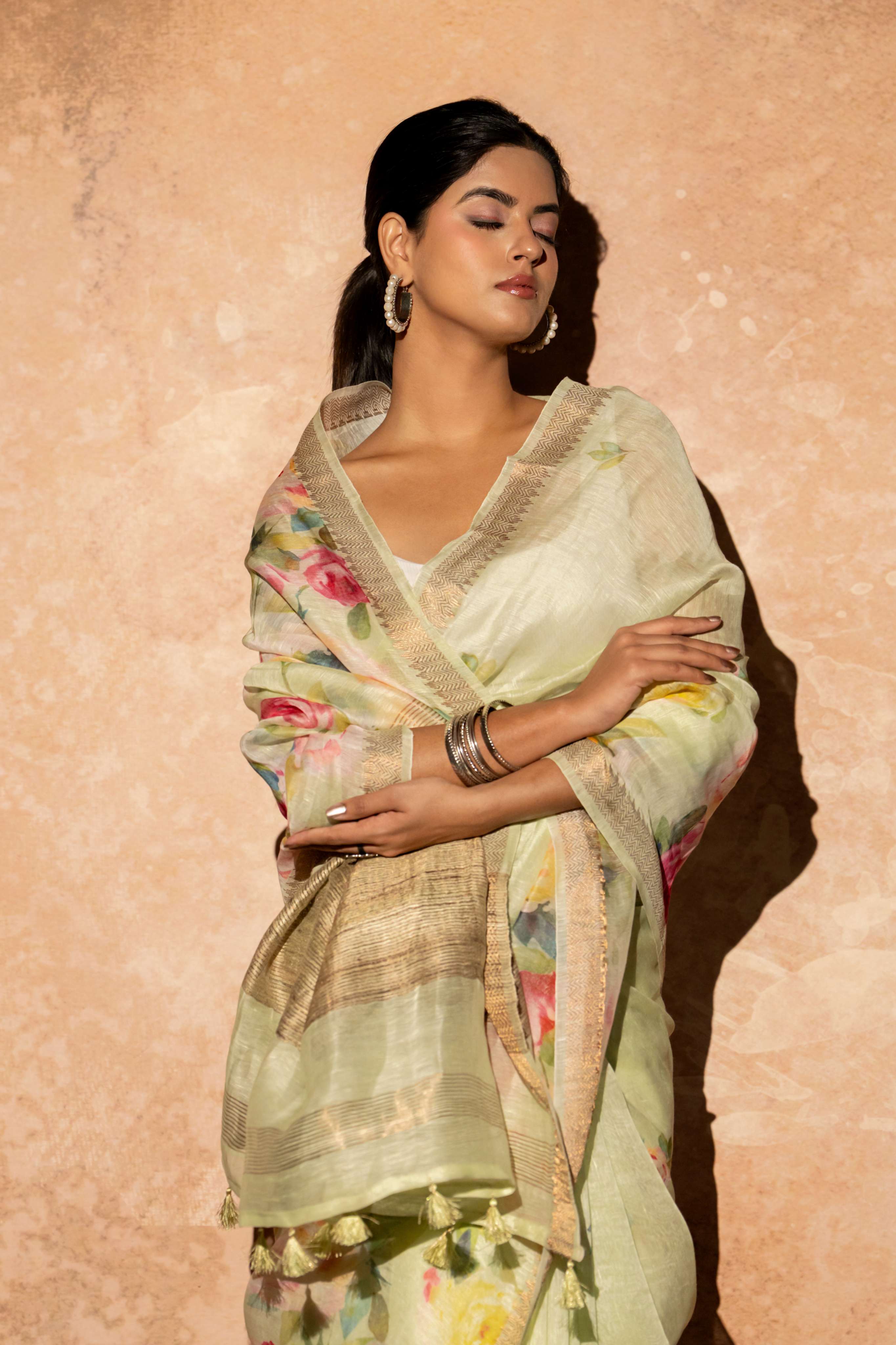 Light Pista Green Floral Digital Print Pure Linen Silk  Saree witht Tussar Border and Pallu