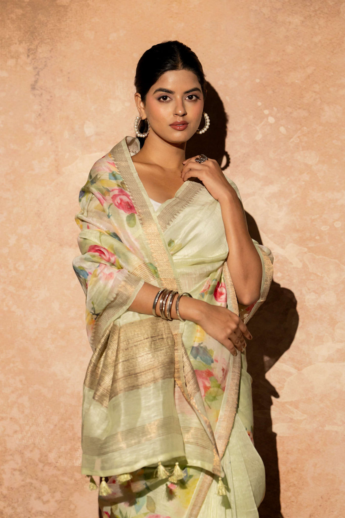 Light Pista Green Floral Digital Print Pure Linen Silk  Saree witht Tussar Border and Pallu