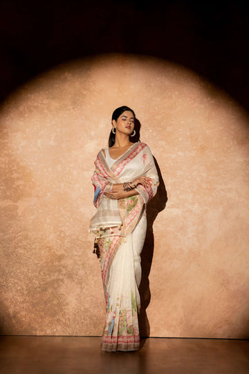 Off White Pichwai Digital Print Pure Linen Silk  Saree witht Tussar Border and Pallu