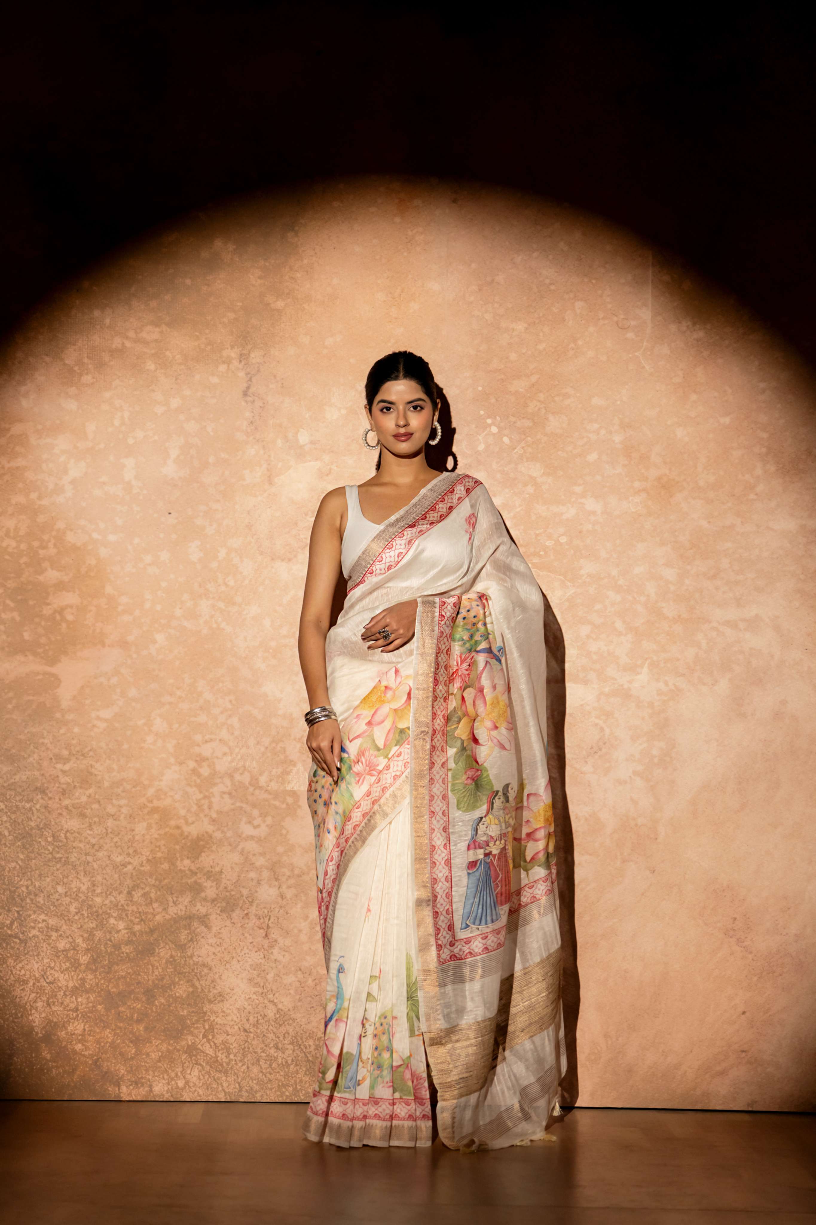 Off White Pichwai Digital Print Pure Linen Silk  Saree witht Tussar Border and Pallu