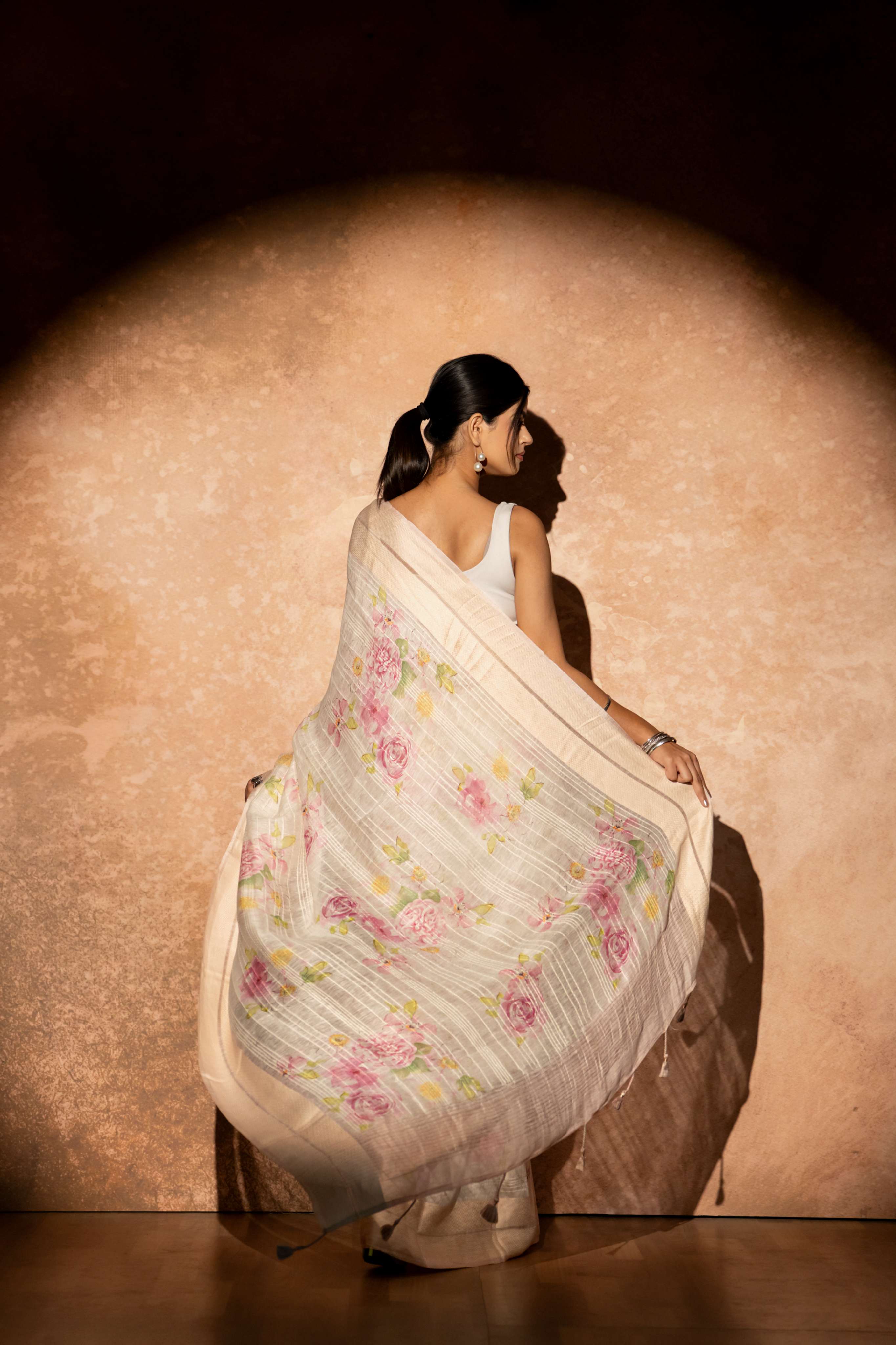 White Floral Digital Print Pure Linen Silk Weaved Double Border and self  kantha  Striped Saree