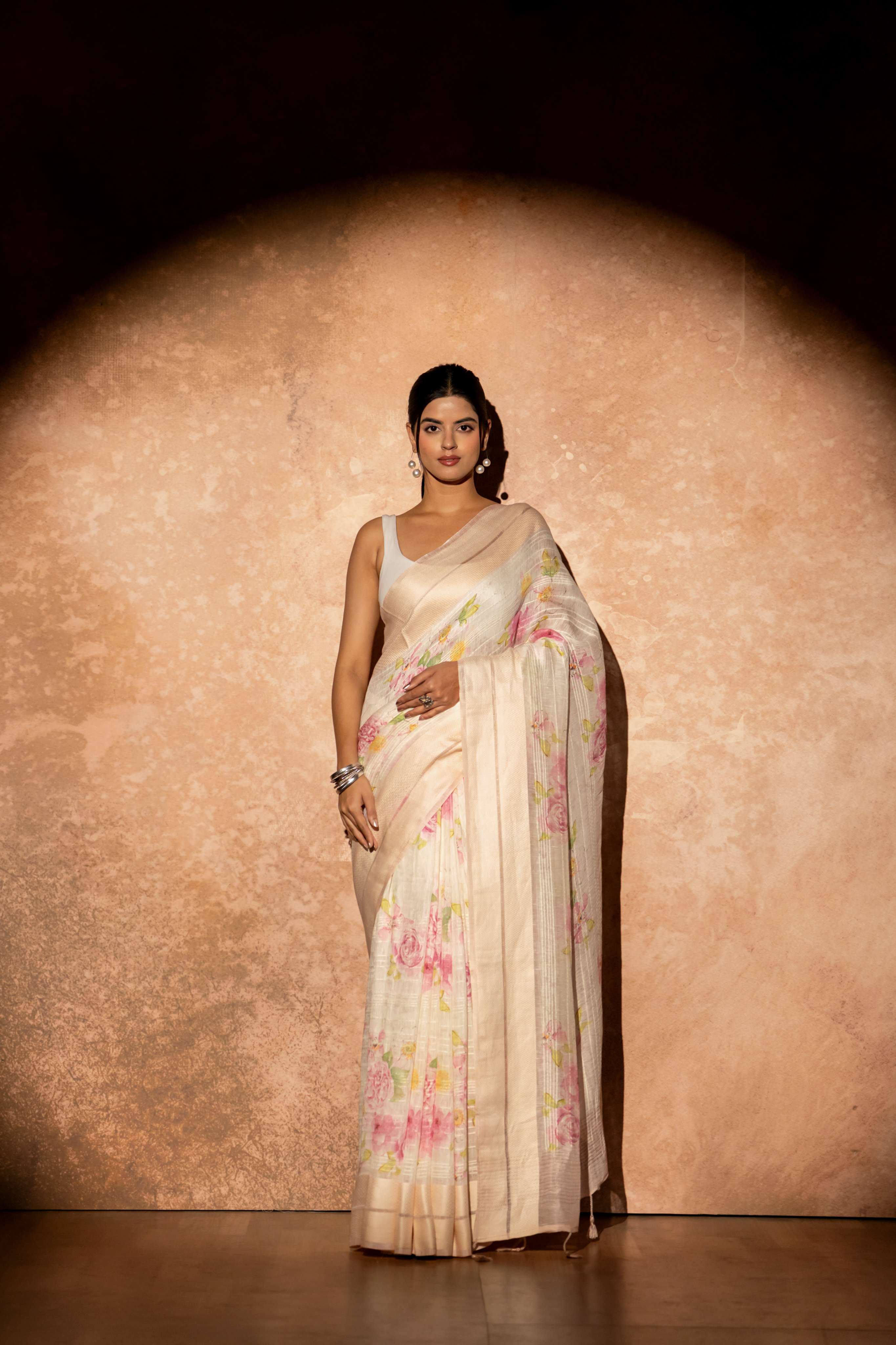 White Floral Digital Print Pure Linen Silk Weaved Double Border and self  kantha  Striped Saree