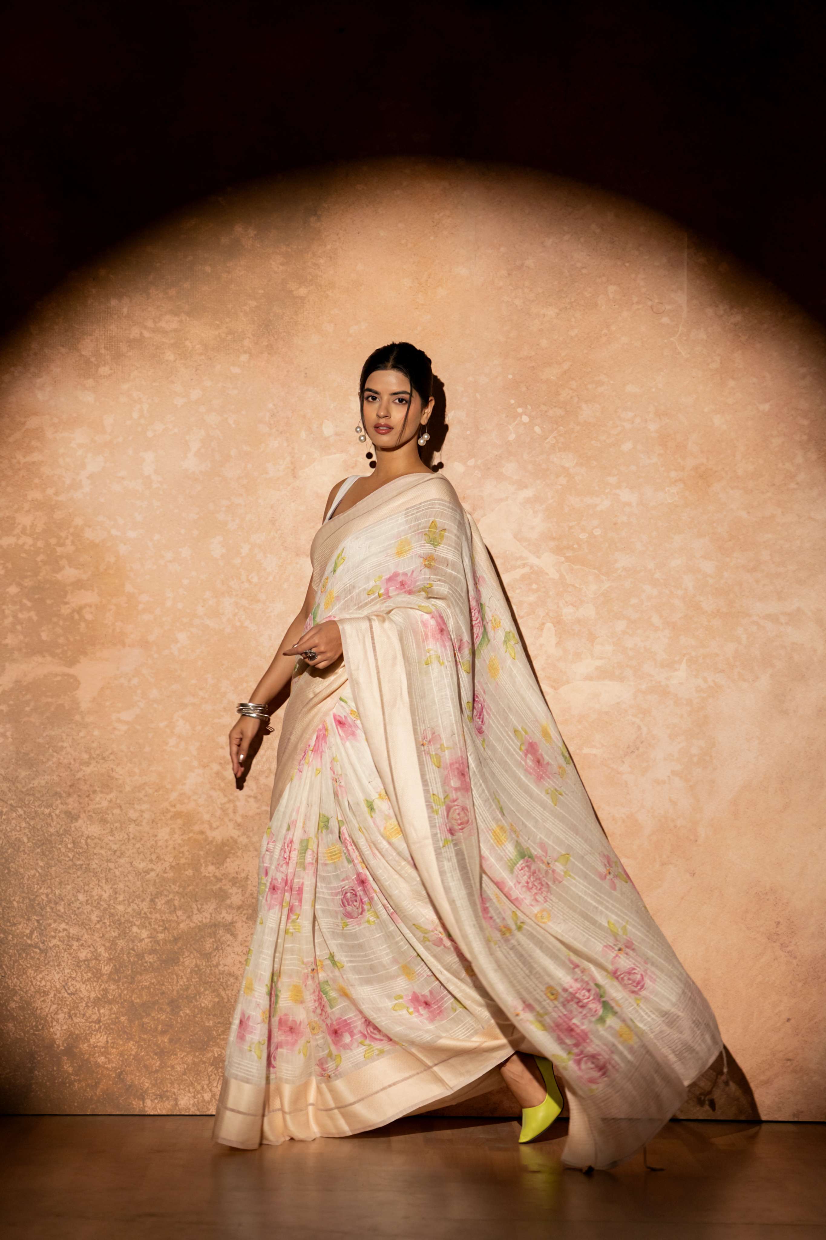 White Floral Digital Print Pure Linen Silk Weaved Double Border and self  kantha  Striped Saree