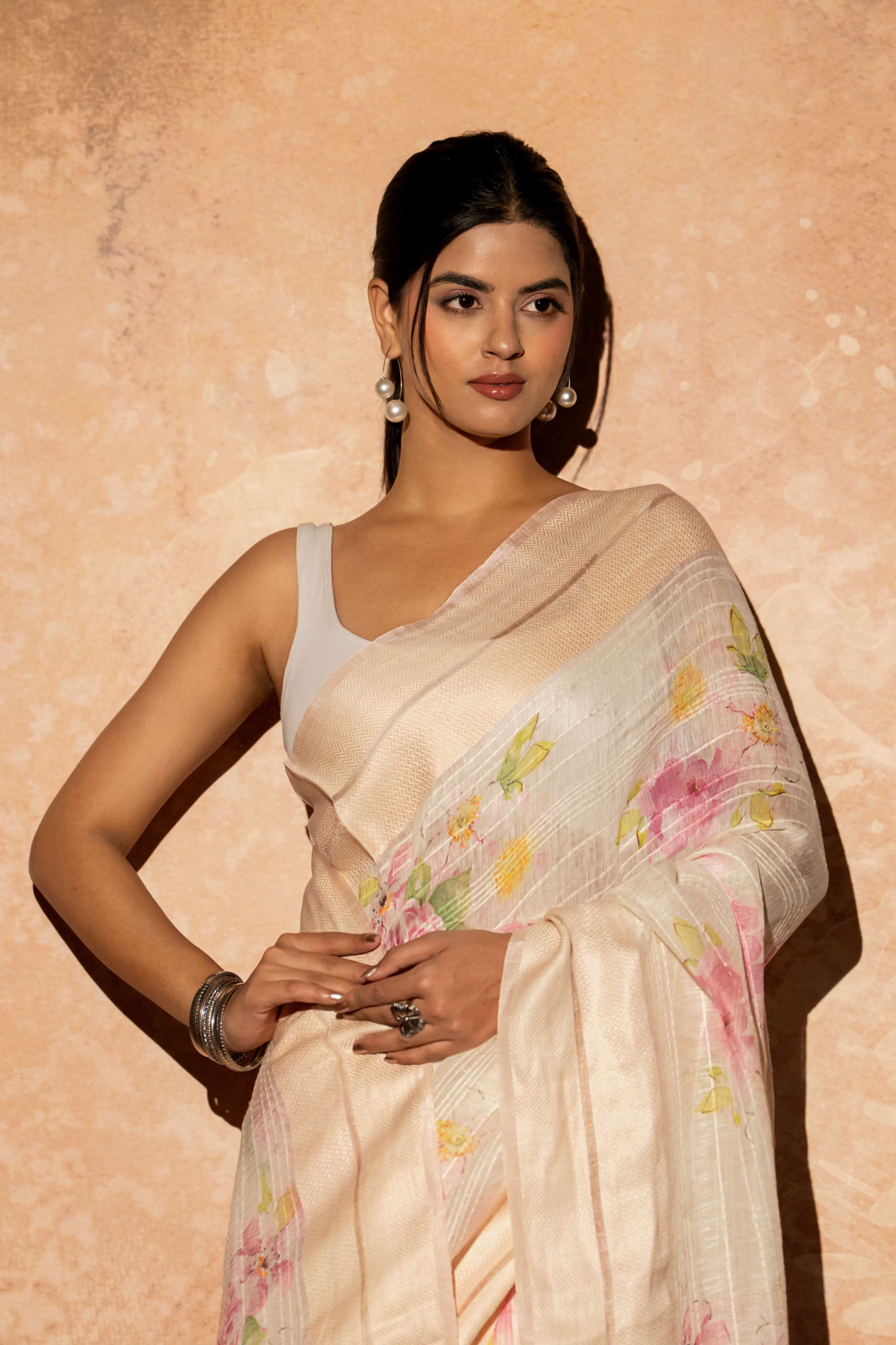 White Floral Digital Print Pure Linen Silk Weaved Double Border and self  kantha  Striped Saree