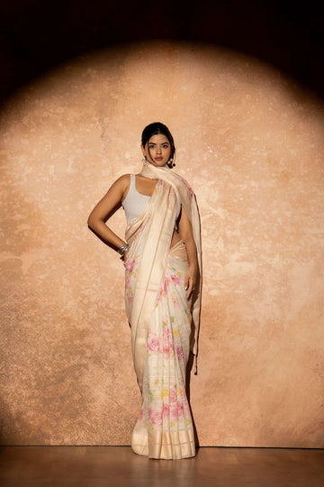 White Floral Digital Print Pure Linen Silk Weaved Double Border and self  kantha  Striped Saree