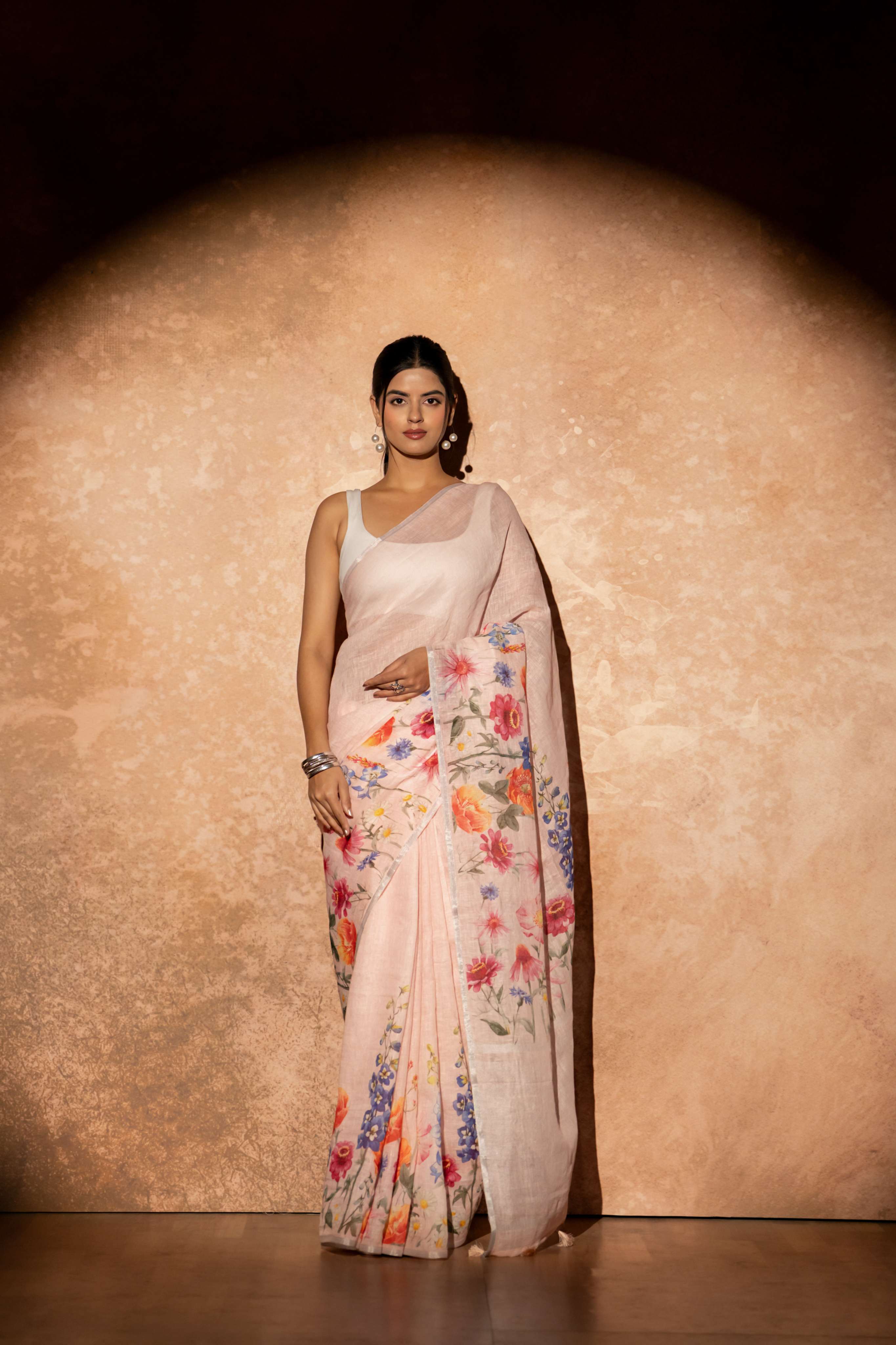 Blush Pink Digital Print Floral Saree with silver Zari Pallu