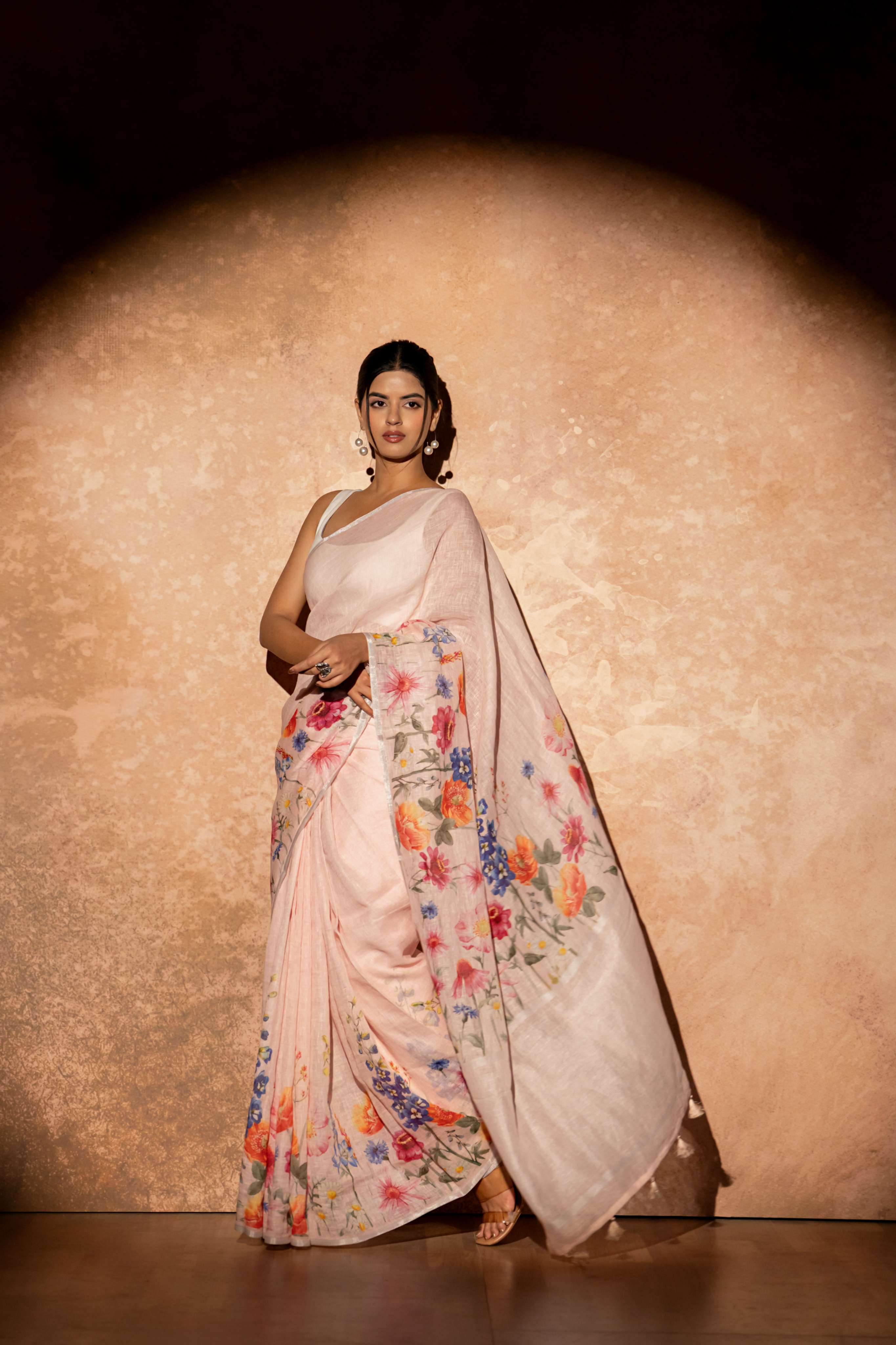 Blush Pink Digital Print Floral Saree with silver Zari Pallu
