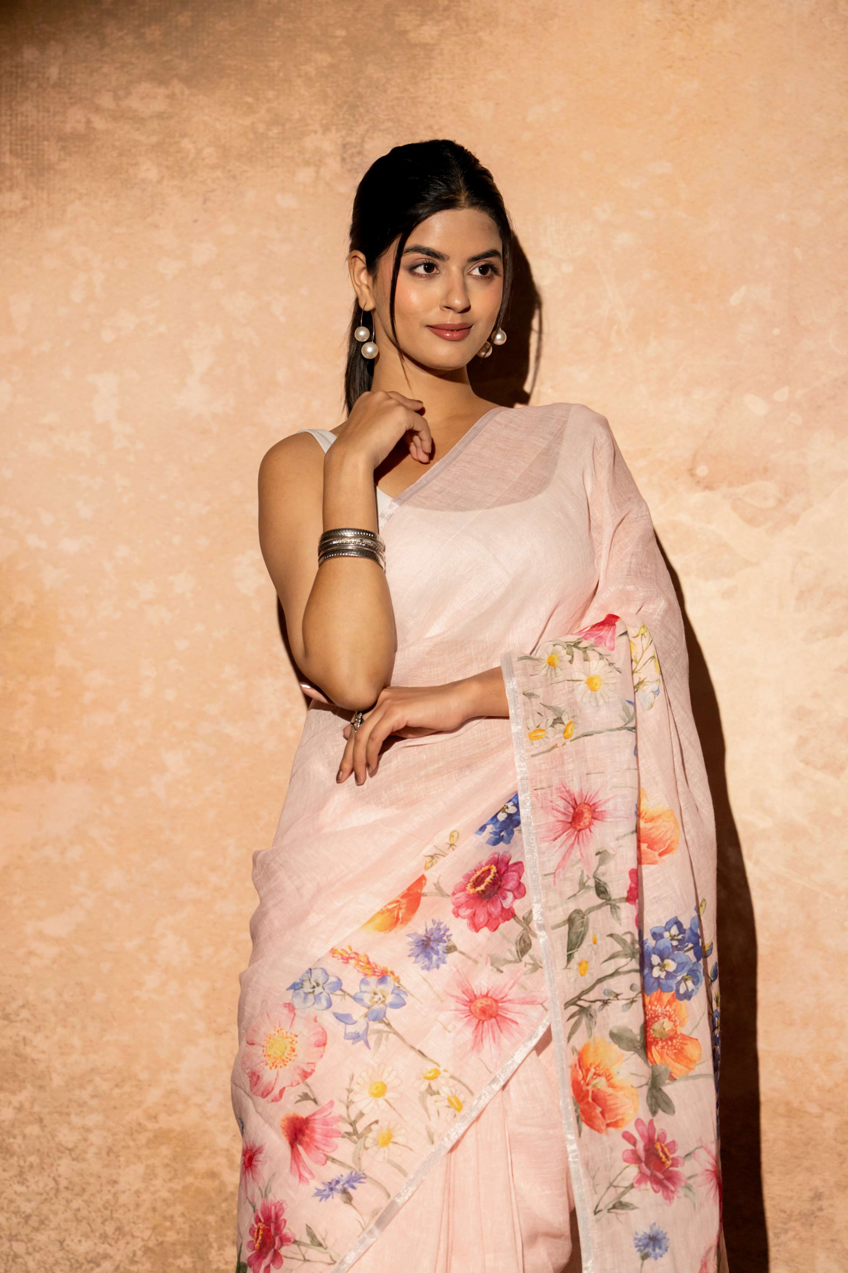 Blush Pink Digital Print Floral Saree with silver Zari Pallu