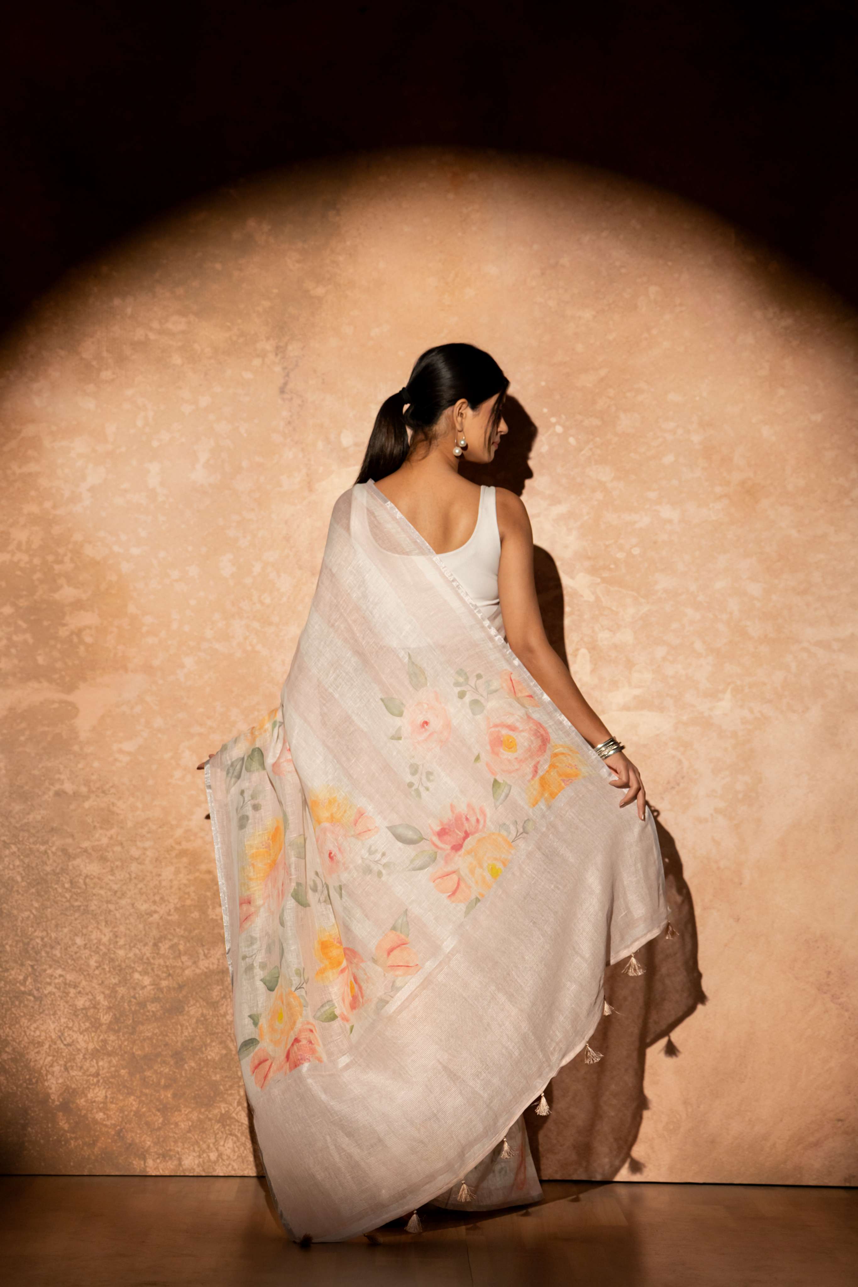 White and Blush Pink Digital Print Pure Linen Saree