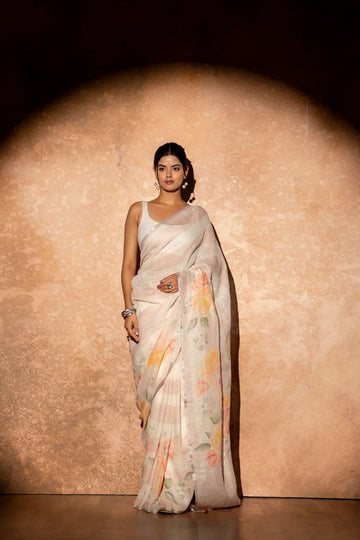White and Blush Pink Digital Print Pure Linen Saree
