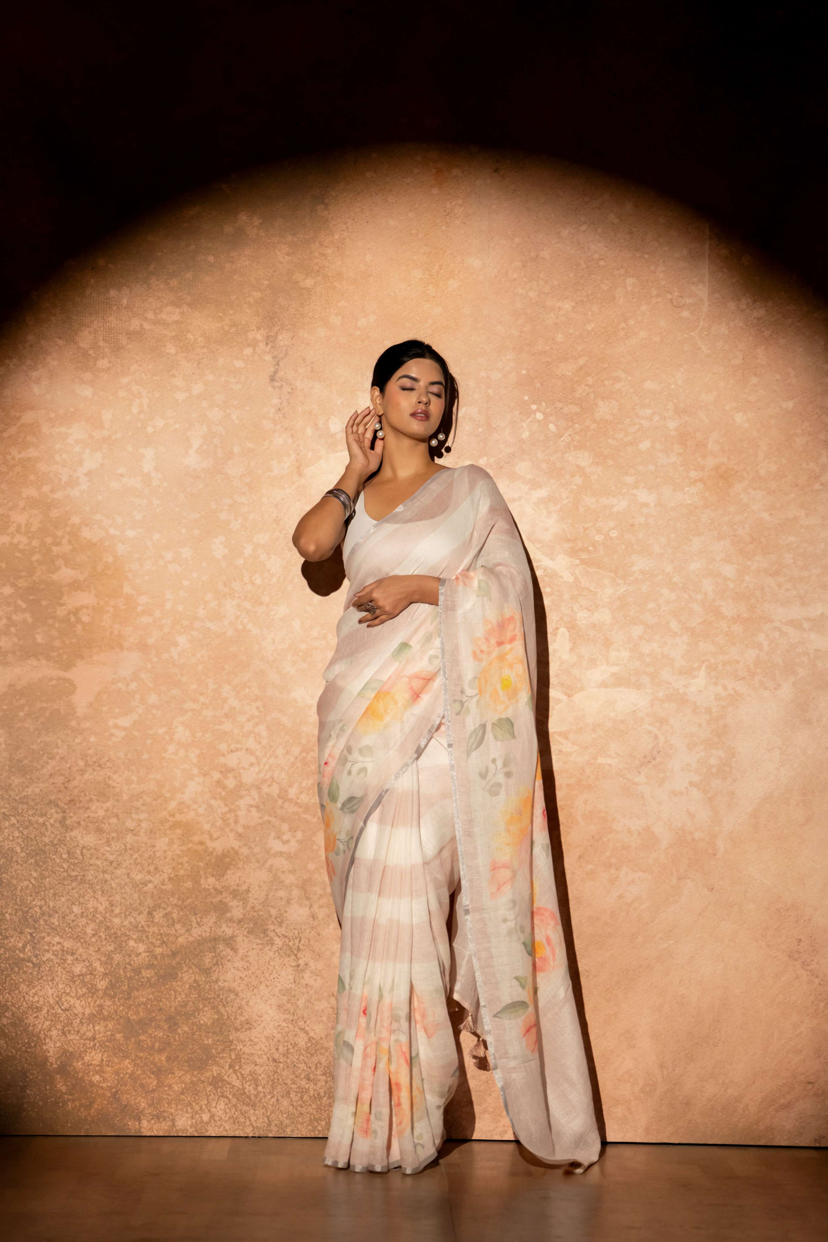 White and Blush Pink Digital Print Pure Linen Saree