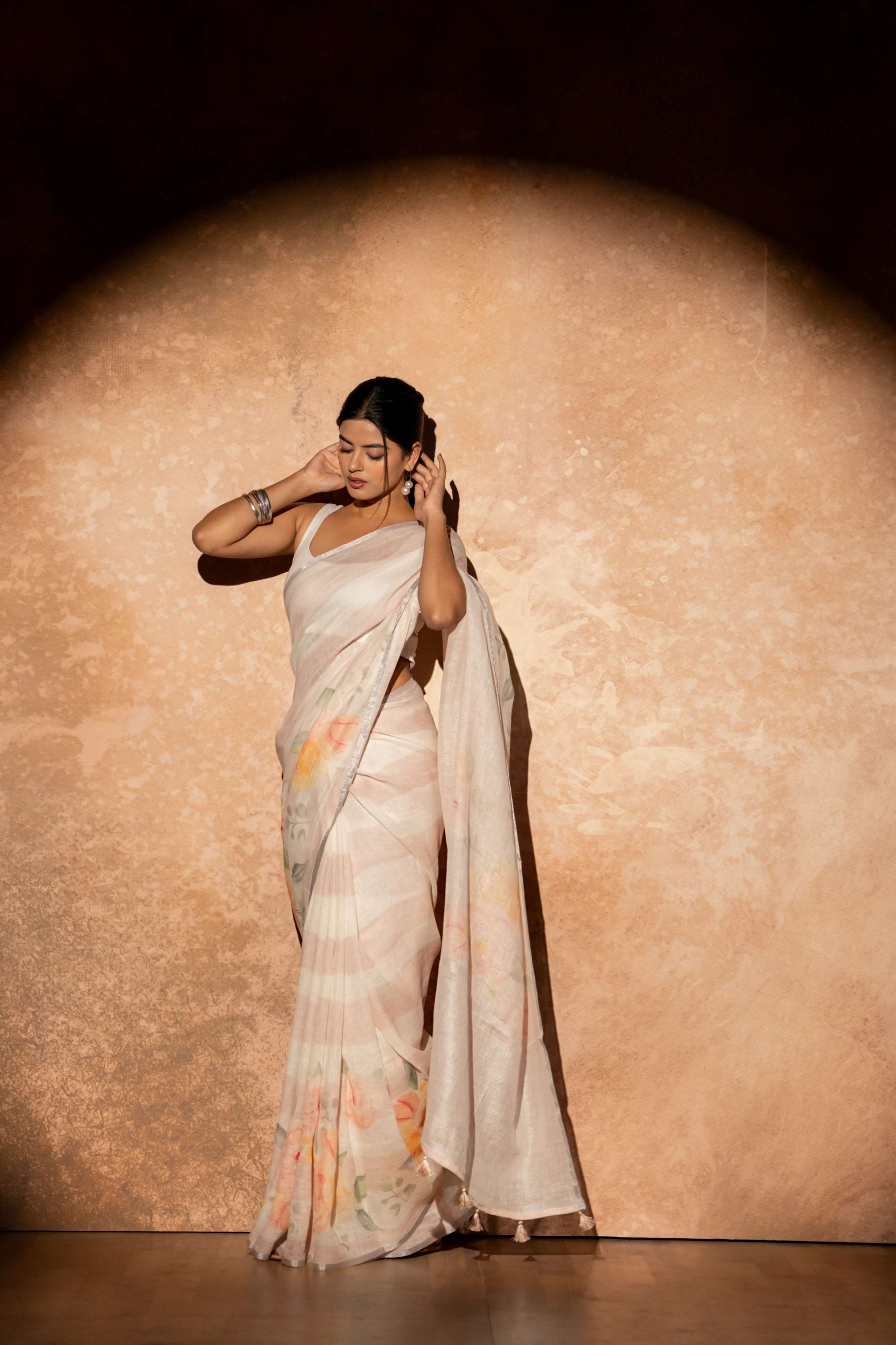 White and Blush Pink Digital Print Pure Linen Saree