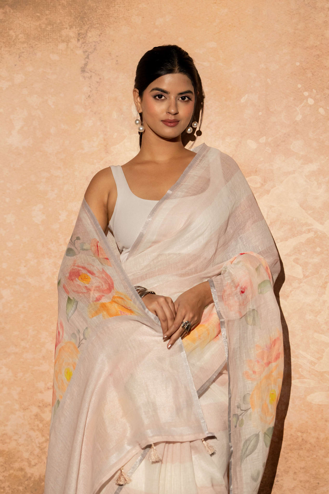 White and Blush Pink Digital Print Pure Linen Saree