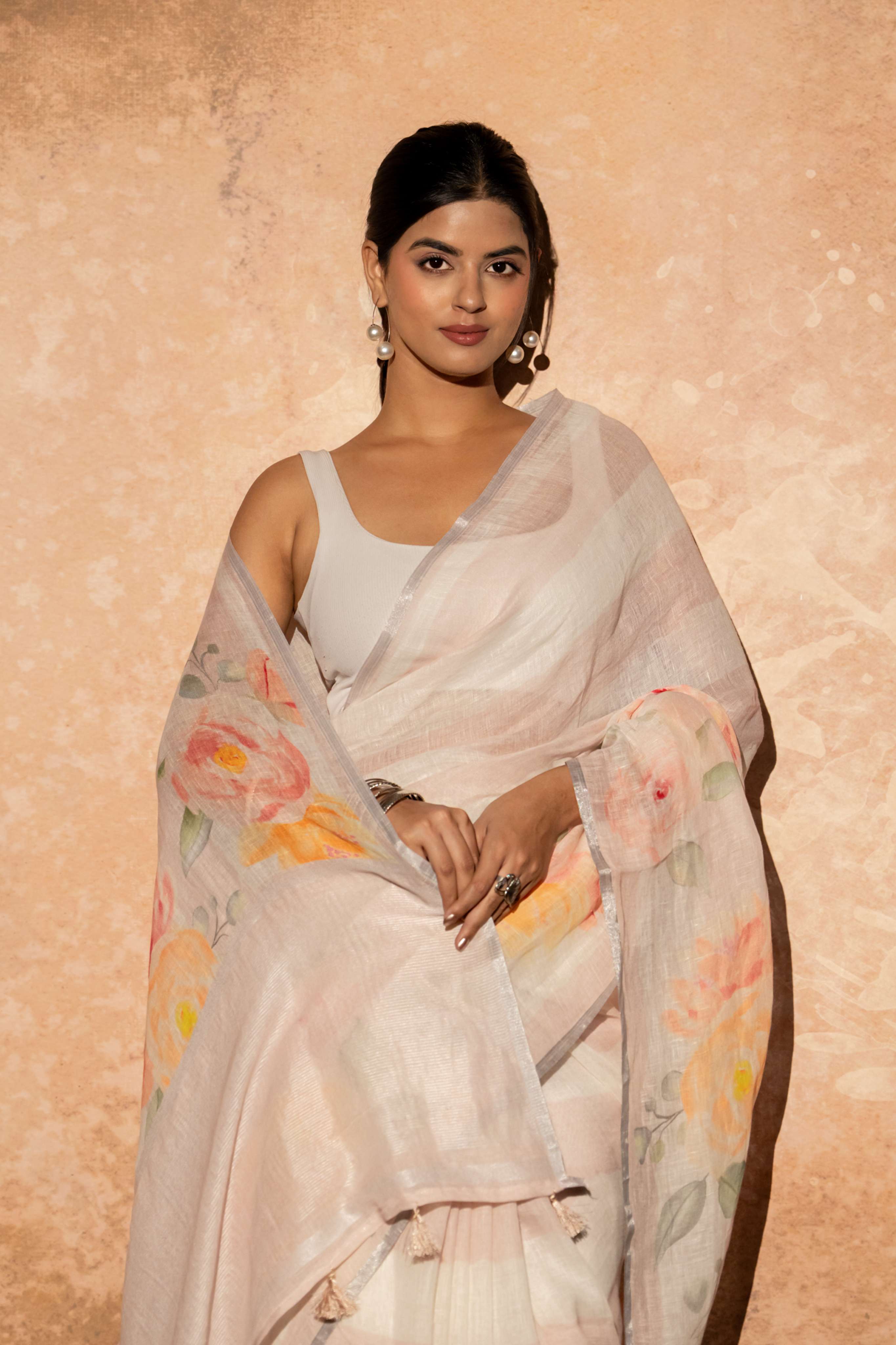 White and Blush Pink Digital Print Pure Linen Saree