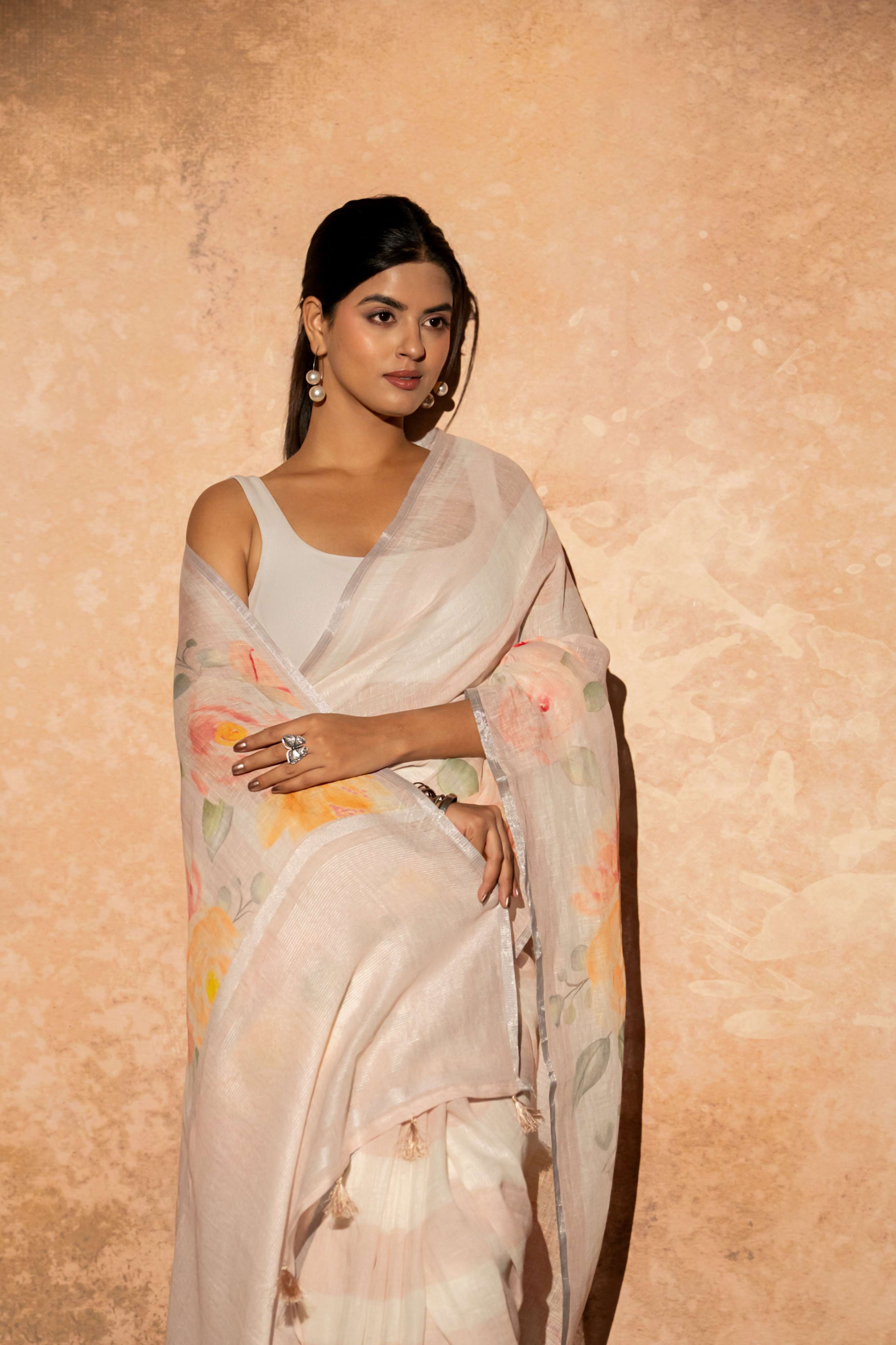White and Blush Pink Digital Print Pure Linen Saree